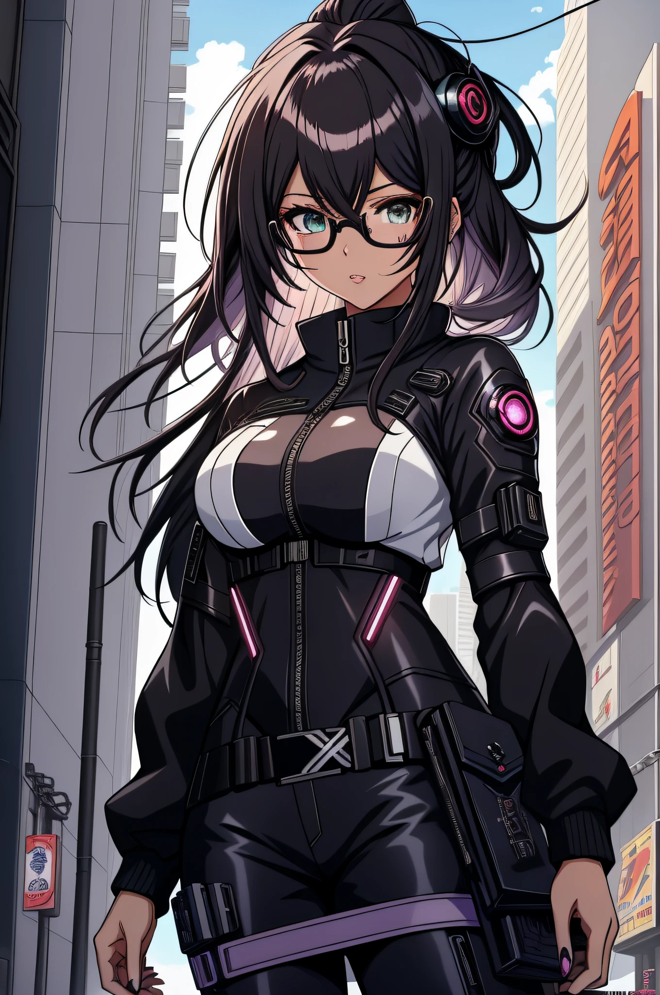 Anime - imagem de estilo 1mulher com olhos azuis e Bblack hair, Bblack hair, thick eyebrow, face of a 27 year old woman, 27 year old young man, cloused mouth, fully body, cyberpunk anime art, (cloused mouth: 1.5), (double eyelid), (Bblack hair: 1.3), (shorth hair: 1.3), wearing dress, digital cyberpunk anime art, cyberpunk anime art, range murata and artgerm, eyeglass, futuristic clothing, (whole body: 1.7), wearing dress, stylish pants, Technological dress, transparent spectacle lenses, 极其详细的Artgerm, modern cyberpunk anime, artgerm and atey ghailan, artgerm and genzoman, cloused mouth