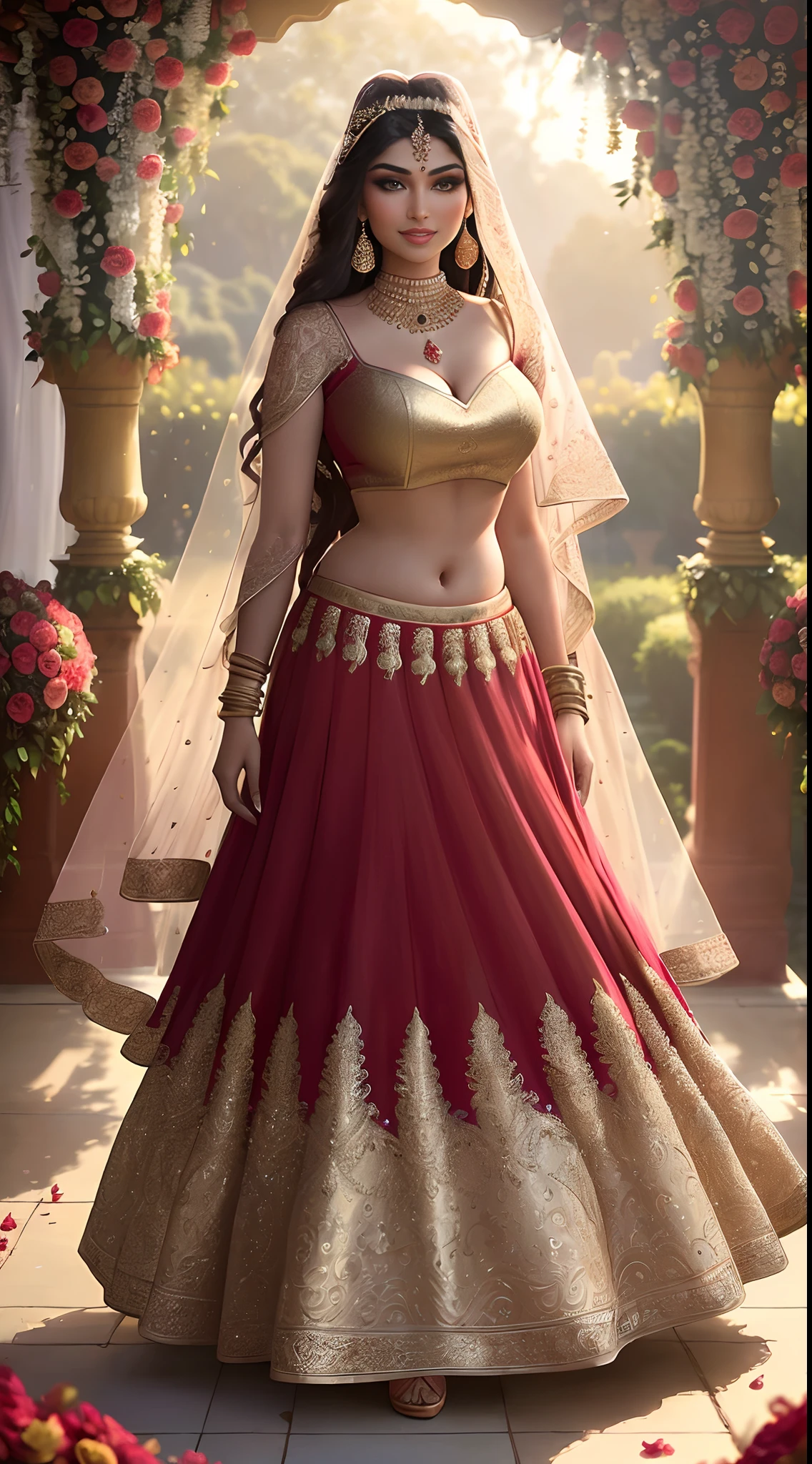 (masterpiece full length photography of a solo:1.2) alluring sexy tall curvy (18 yr old) Indian supermodel princess bride Ayesha Takia walking in (garden:1.3), (wearing stunning bridal red & gold lehenga & blouse:1.3). sheer dupatta, maximalism, (wedding flower decorations:1.3), (elegant cleavage & belly), (indian makeup & jewelry:1.2) long braided brown hair with highlights,, vivacious, lustful glance, exhilarated (beautiful detailed eyes:1.1) , (flirty bright smile:1.2), (intense dramatic afternoon light:1.4), backlit, key light, rim light, light rays, highly detailed, trending on artstation, paint splashes, rich color, abstract portrait, by Atey Ghailan