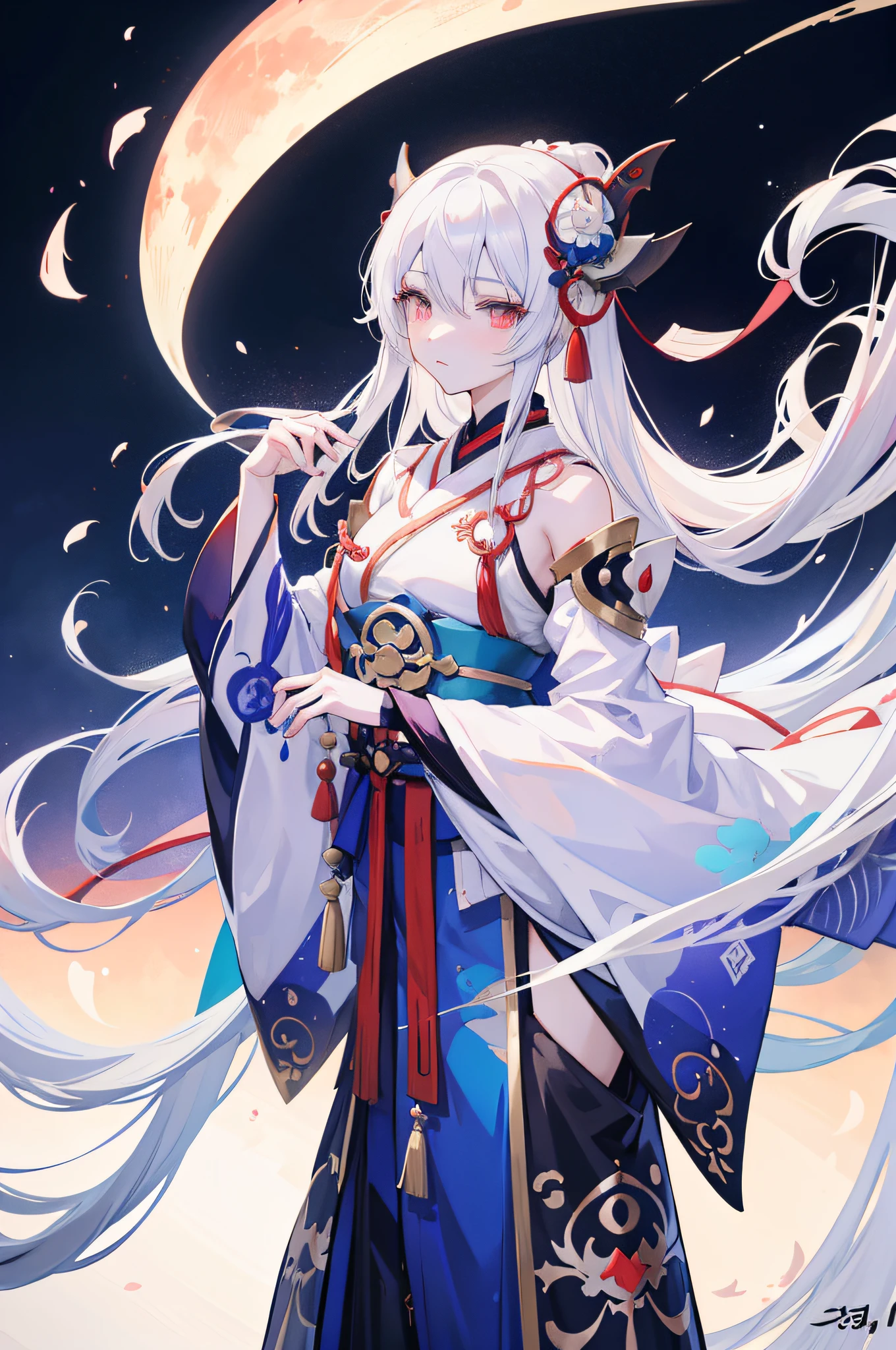 Anime girl with long white hair holding sword and full moon, white-haired god, Onmyoji detailed art, onmyoji portrait, onmyoji, Anime art wallpaper 8 K, Anime art wallpaper 4 K, Anime art wallpaper 4k, Detailed digital anime art, 2. 5 D CGI anime fantasy artwork, style of anime4 K, Anime wallpaper 4 k