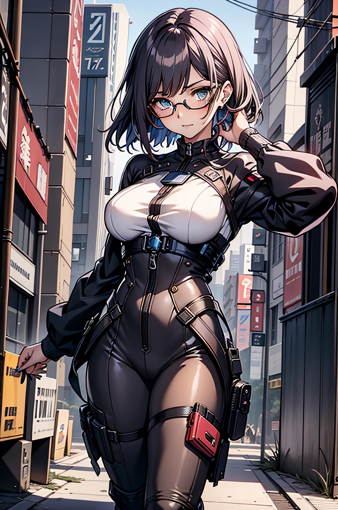 Anime - imagem de estilo 1mulher com olhos azuis e Bblack hair, Bblack hair, thick eyebrow, face of a 27 year old woman, 27 year old young man, cloused mouth, fully body, cyberpunk anime art, (cloused mouth: 1.5), (double eyelid), (Bblack hair: 1.3), (shorth hair: 1.3), wearing dress, digital cyberpunk anime art, cyberpunk anime art, range murata and artgerm, eyeglass, futuristic clothing, (whole body: 1.7), wearing dress, stylish pants, Technological dress, transparent spectacle lenses, 极其详细的Artgerm, modern cyberpunk anime, artgerm and atey ghailan, artgerm and genzoman, cloused mouth