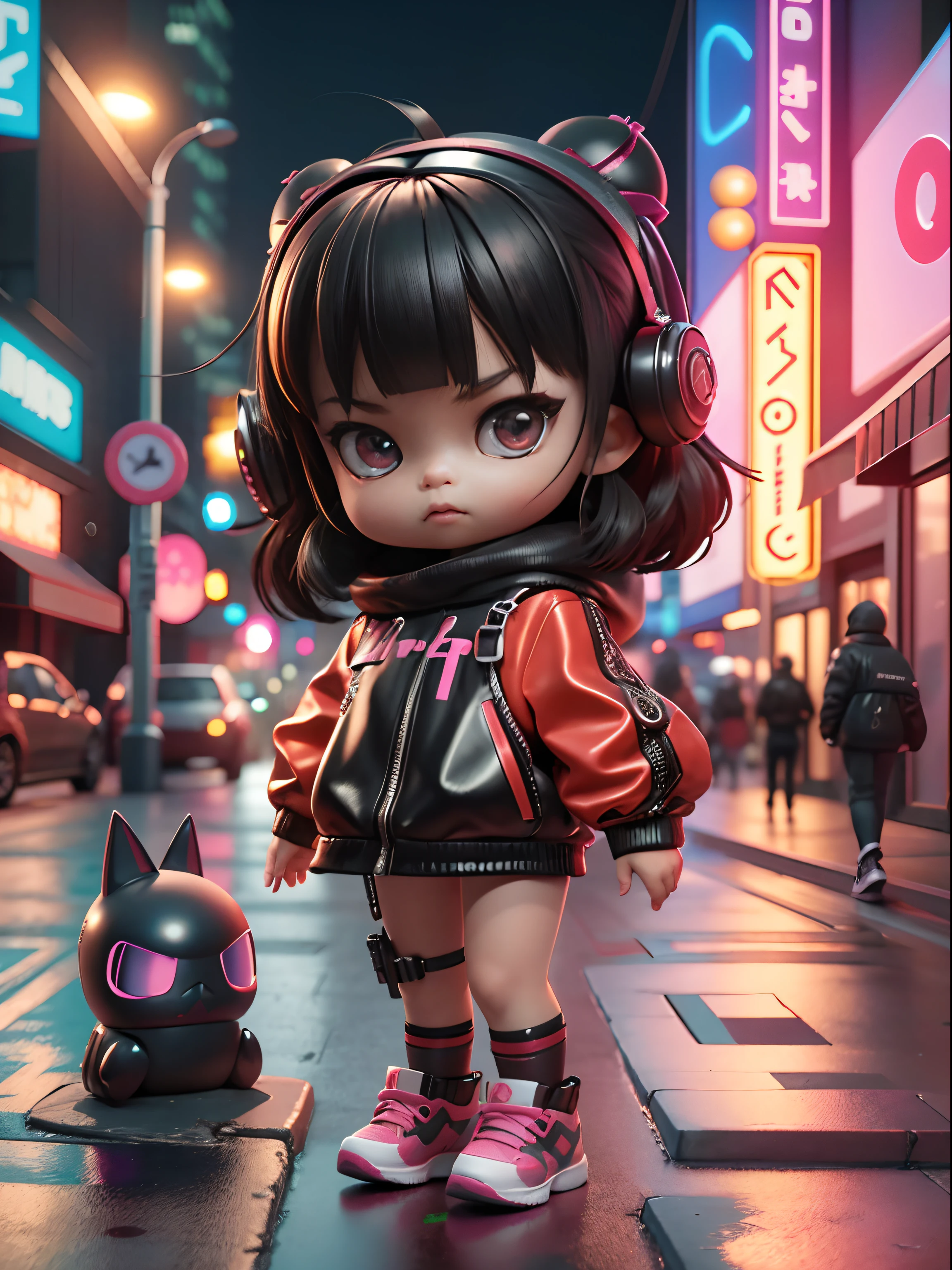 3d toy, 3d rendering, ip, cyberpunk style, chibi, cute , wearing black mask, simple background, best quality, c4d, blender, 3D MODEL, TOYS, VIVID COLORS, STREET STYLE, HIGH RESOLUTION, A LOT OF DETAILS, PIXAR, CANDY COLORS, BIG SHOES, FASHION TRENDS, ART