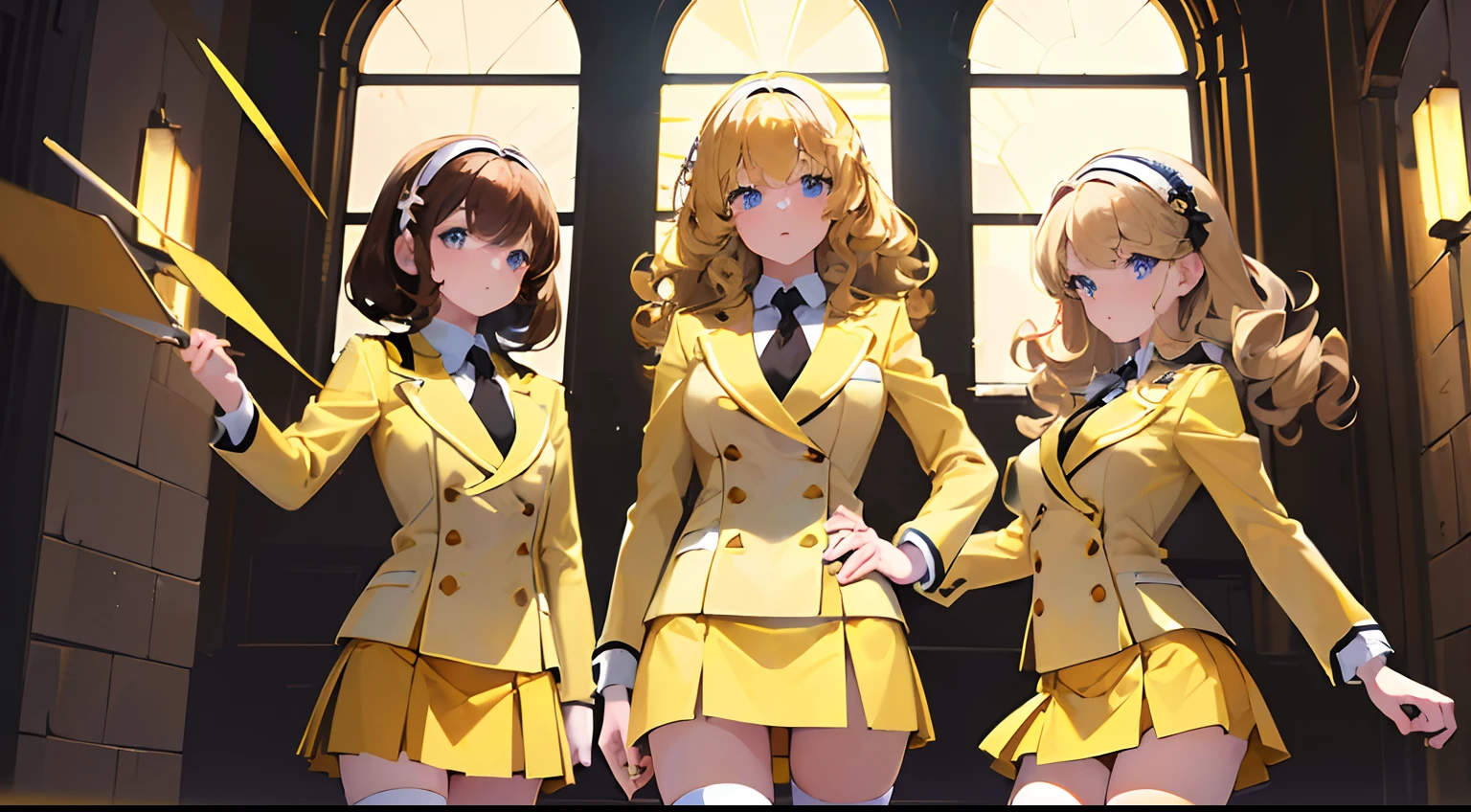 ((masterpiece, best quality, 8k, highres:1.1)), yellow , highleg, hazel eyes, yellow blazer, medium breasts, yellow pencil skirt, white thighhighs, white thighhigh socks, black high heels, (brown hair, blonde hair, curly hair, long hair, brown haired sisters, blonde sisters), (10+girls, family picture, identical sisters, clones), ((matching hairstyles, matching faces, same eye color, matching outfits))