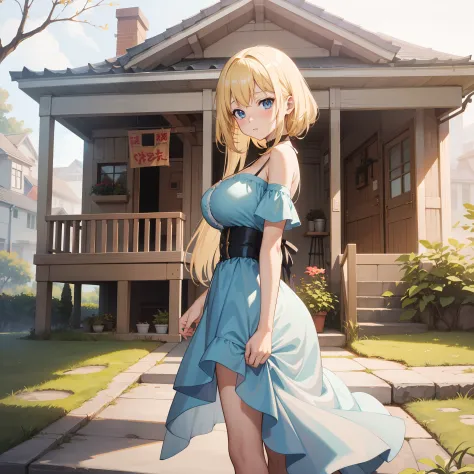 Anime girl, blonde hair, large breasts, sexy, house