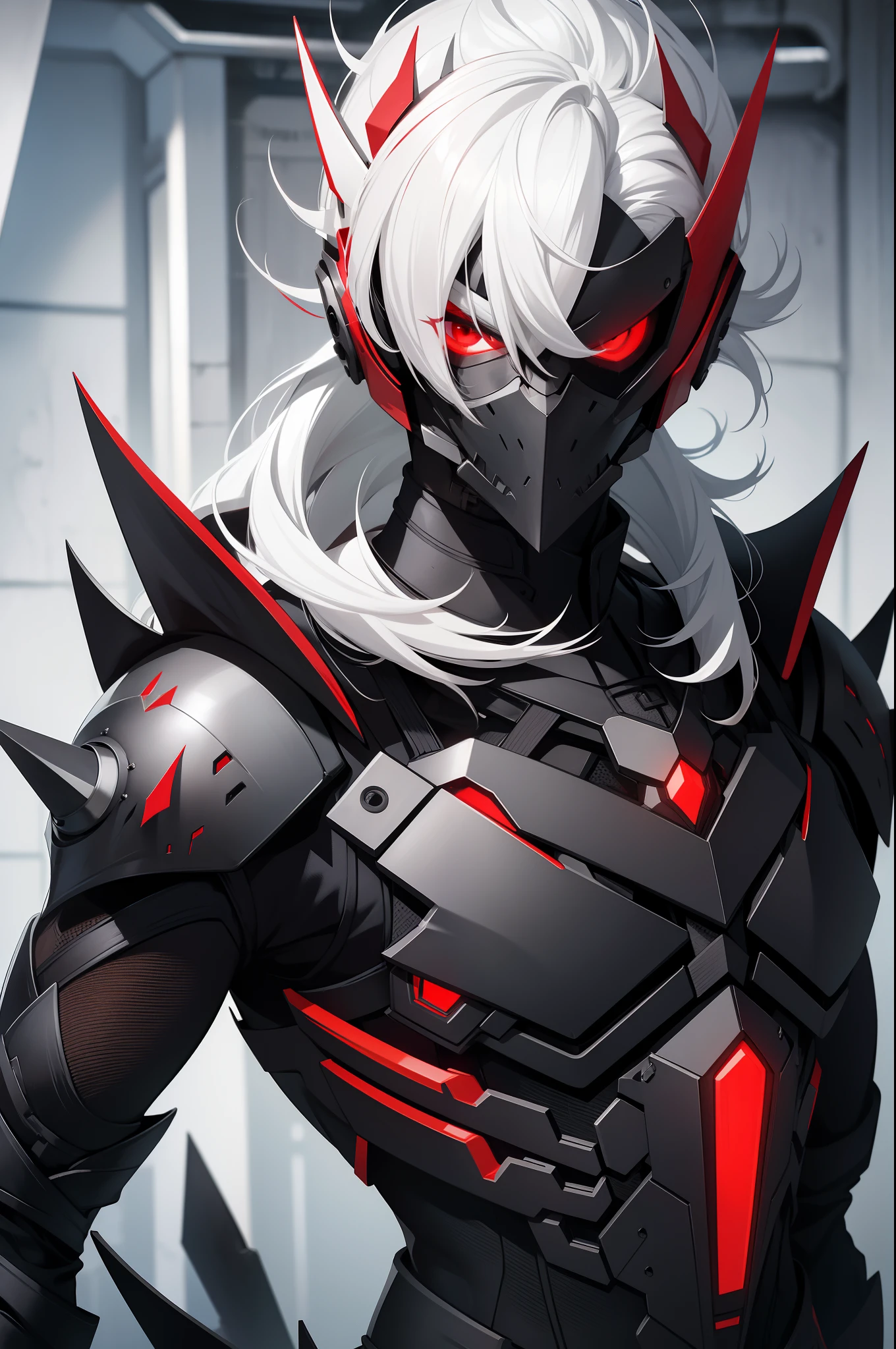 solo male, black armor, skull helmet, red eyes, white hair, covered face, spikes, slim