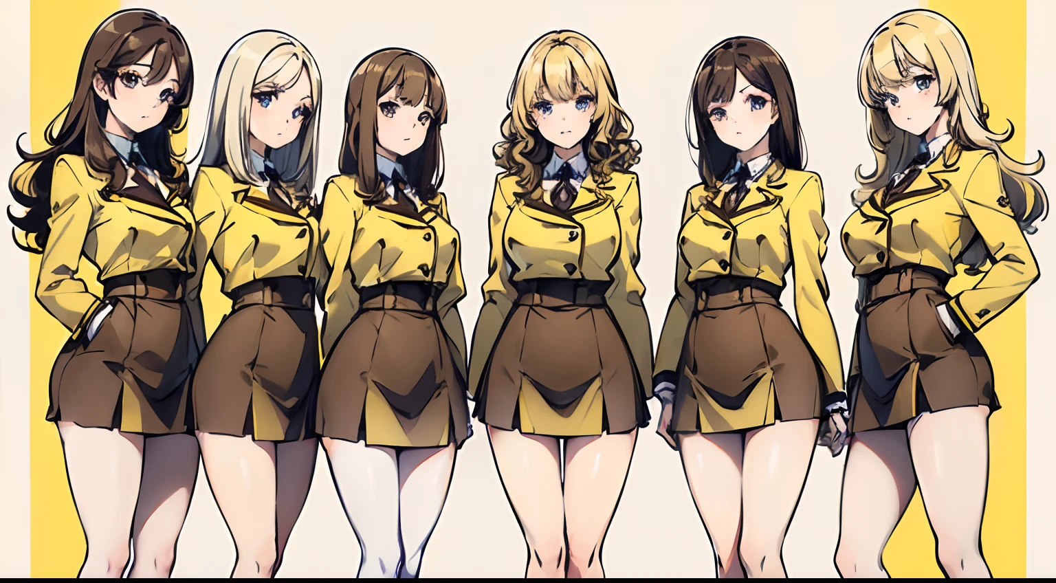 ((masterpiece, best quality, 8k, highres:1.1)), yellow , highleg, hazel eyes, yellow blazer, medium breasts, yellow pencil skirt, white thighhighs, white thighhigh socks, black high heels, (brown hair, blonde hair, curly hair, long hair, brown haired sisters, blonde sisters), (10+girls, family picture, identical sisters, clones), ((matching hairstyles, different hair colors, matching faces, same eye color, matching outfits))