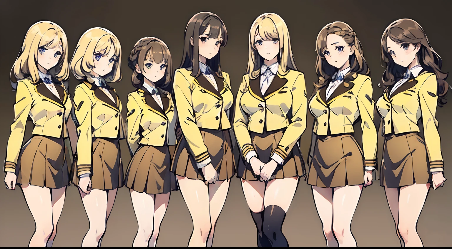 ((masterpiece, best quality, 8k, highres:1.1)), yellow , highleg, hazel eyes, yellow blazer, medium breasts, yellow pencil skirt, white thighhighs, white thighhigh socks, black high heels, (brown hair, blonde hair, curly hair, long hair, brown haired sisters, blonde sisters), (10+girls, family picture, identical sisters, clones), ((matching hairstyles, different hair colors, matching faces, same eye color, matching outfits))