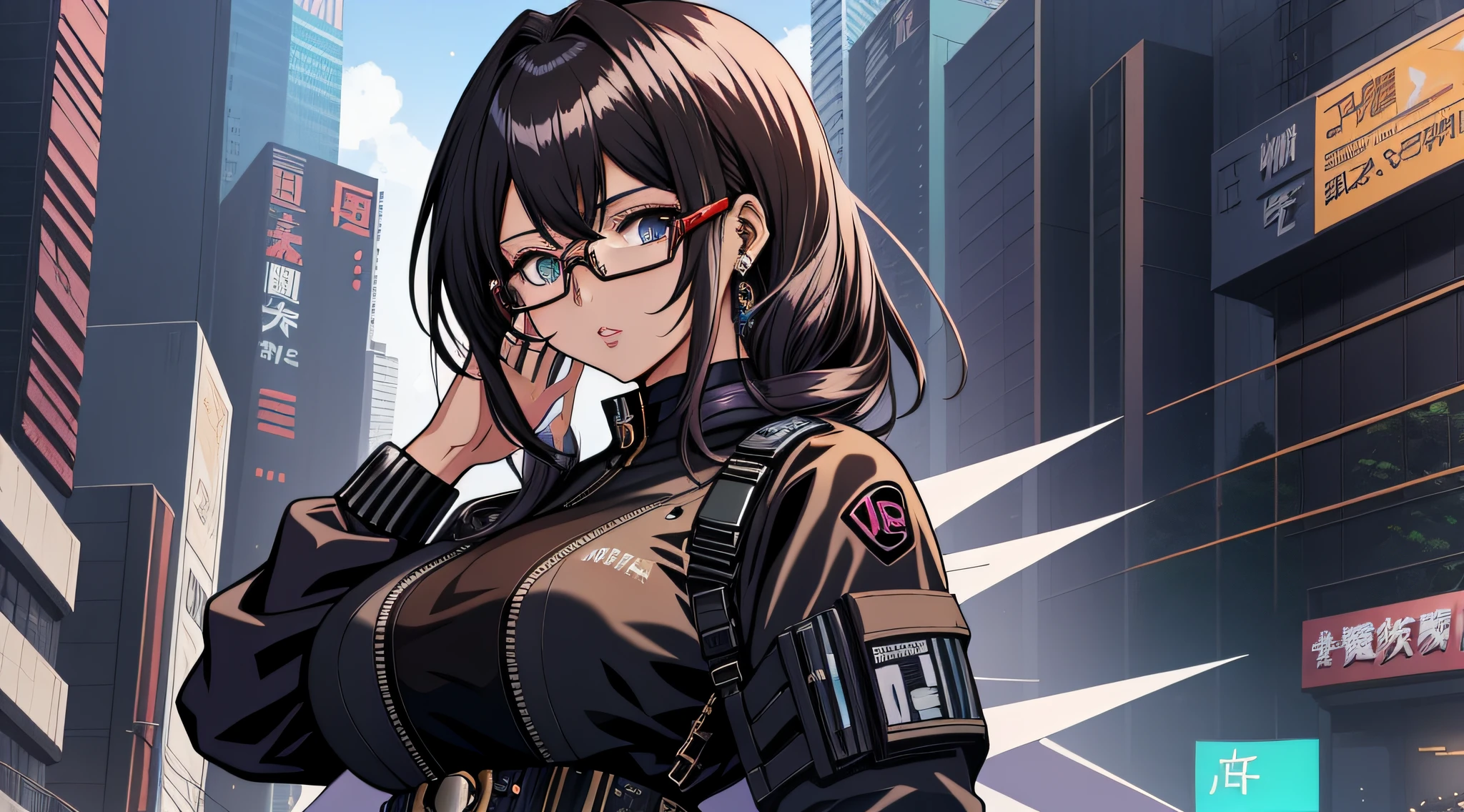 Anime - imagem de estilo 1mulher com olhos azuis e Bblack hair, Bblack hair, thick eyebrow, face of a 27 year old woman, 27 year old young man, cloused mouth, fully body, cyberpunk anime art, (cloused mouth: 1.5), (double eyelid), (Bblack hair: 1.3) wearing dress, digital cyberpunk anime art, cyberpunk anime art, range murata and artgerm, eyeglass, futuristic clothing, (whole body: 1.5), wearing dress, stylish pants, Technological dress, transparent spectacle lenses, 极其详细的Artgerm, modern cyberpunk anime, artgerm and atey ghailan, artgerm and genzoman, cloused mouth