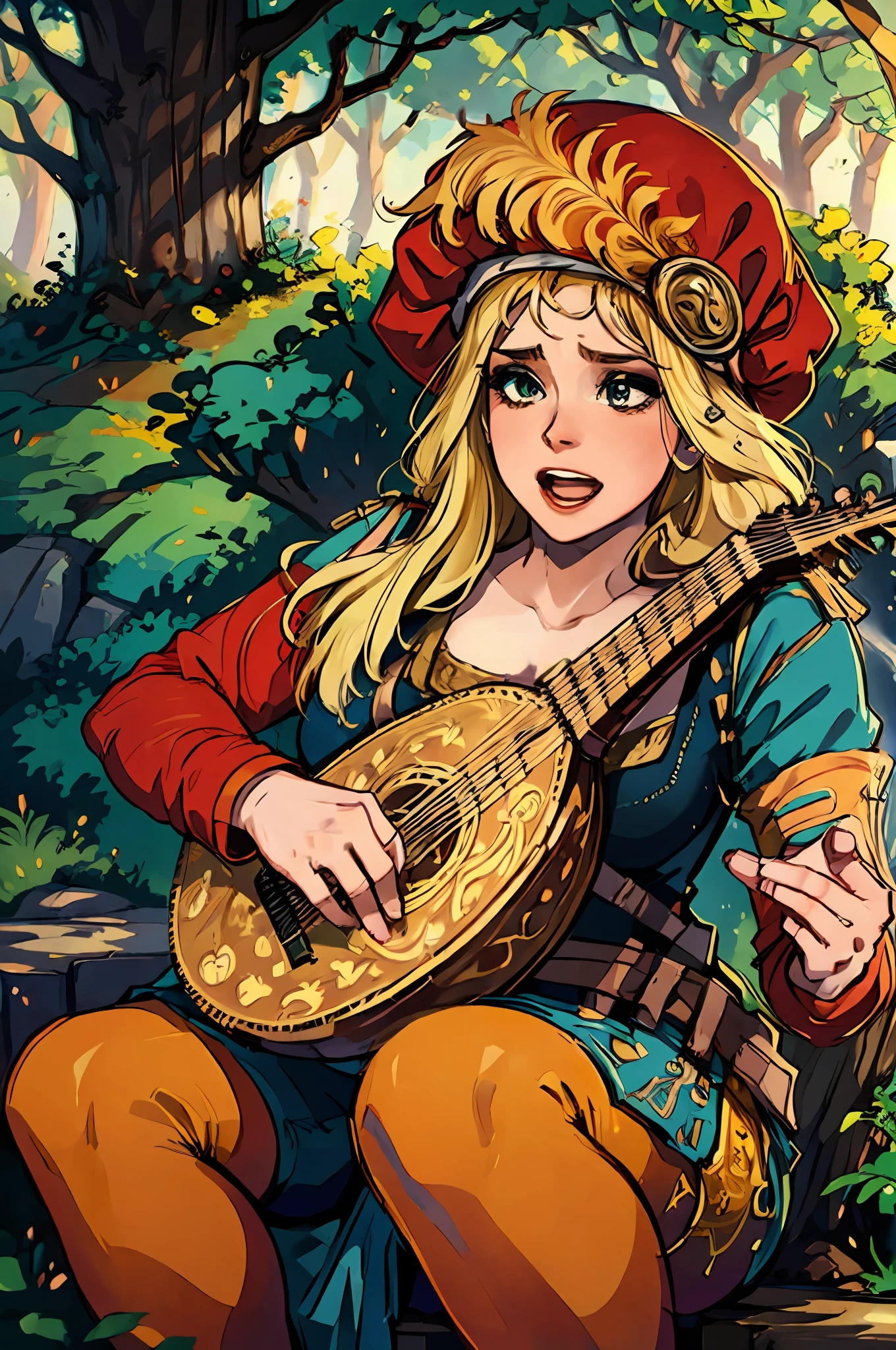 the essence of a beautiful female bard with meticulous attention to detail, this scene portrays a solo enchantress with cascading long hair, an open mouth singing tales of old. Her blonde hair shimmers beneath a charming red hat as she sits gracefully upon a rustic tree stump, fingers gracefully strumming a lute, weaving melodies that stir the soul