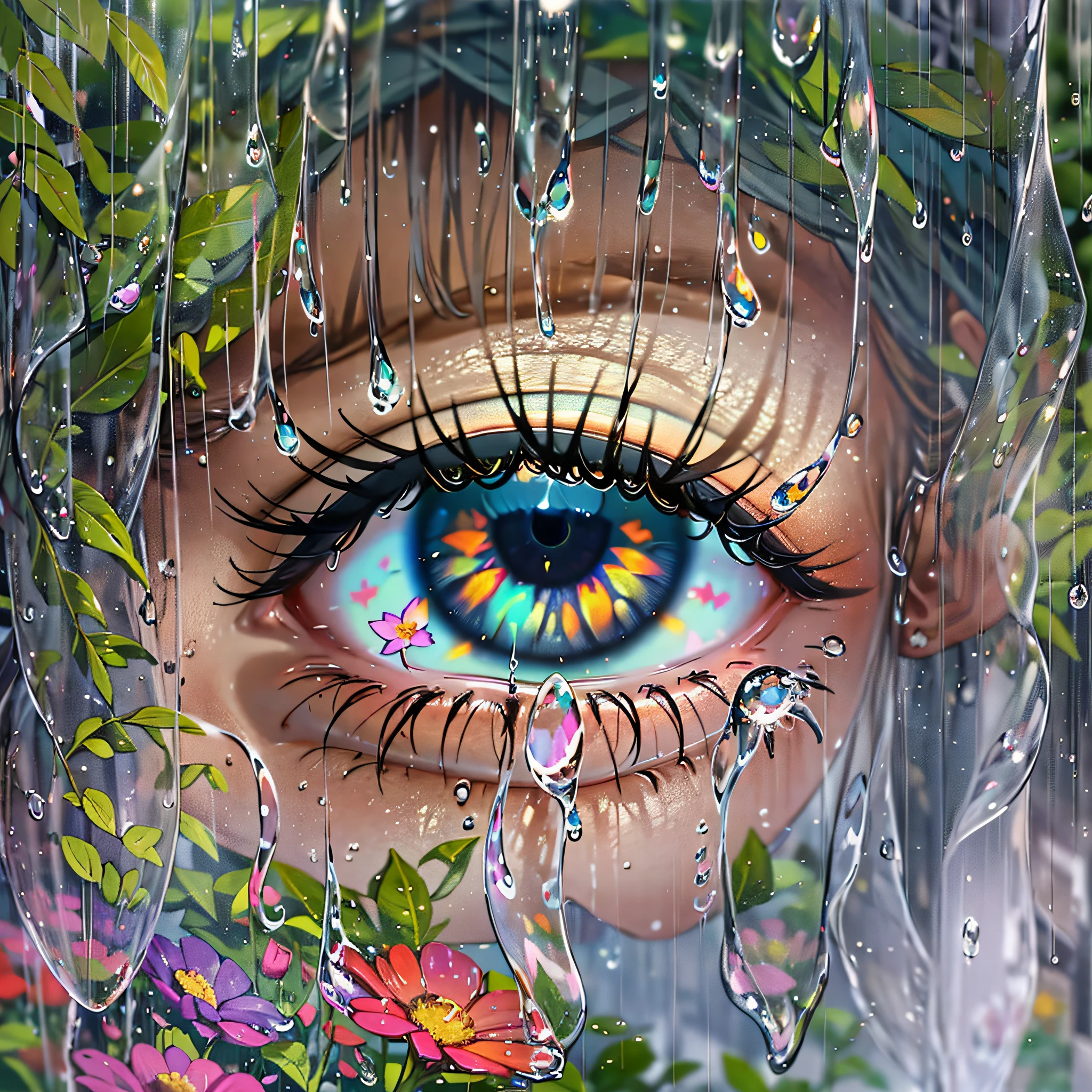 A single human eye, seen through a rain-soaked windowpane. The raindrops cling to the glass surface, distorting the view and creating a dreamy, ethereal quality. The eye's iris is a striking shade of hazel, reminiscent of autumn leaves, and the pupil is dilated, hinting at a moment of intrigue or curiosity. The reflection of the surroundings is visible on the wet glass, offering a glimpse of a serene garden with vibrant flowers and soft sunlight filtering through the leaves. The scene is serene, evoking a sense of calm contemplation. The eye's gaze seems to be lost in the natural beauty outside, inviting the viewer to join in its reverie. Photography, soft focus lens capturing the raindrop details