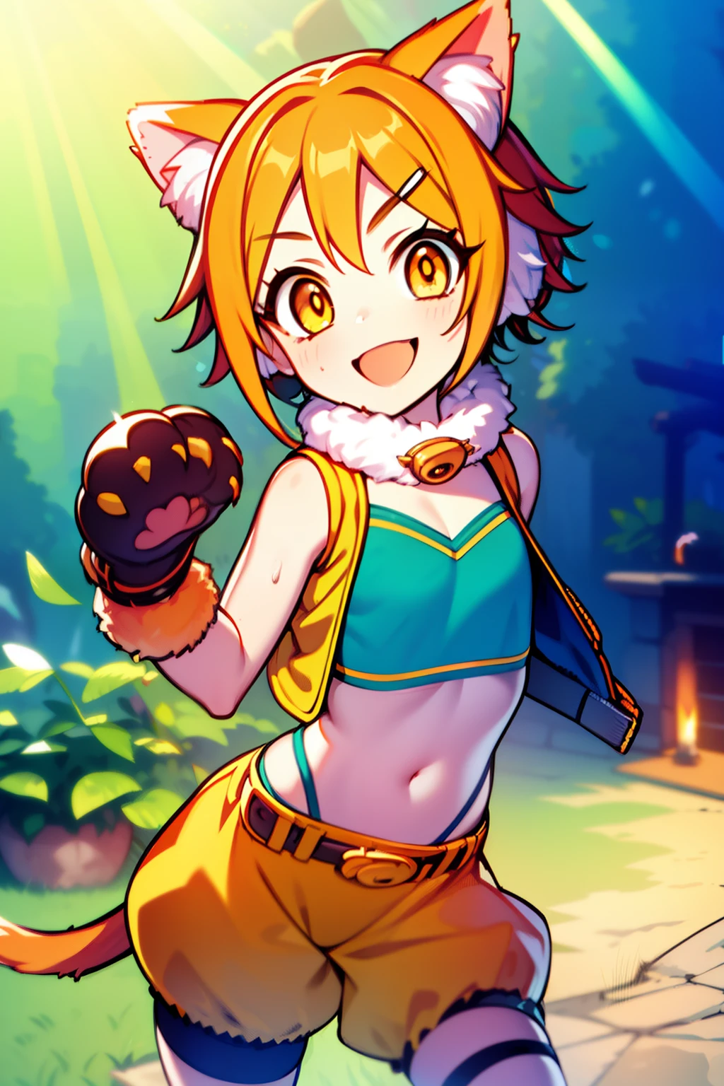 thrust one's right hand forward,orange hair, short hair, orange eyes, girl with cat ears, green bandeau, light orange shorts, light brown small vest,belt, cat paw gloves, high quality, top quality, town, city, western castle, blue sky, smile, cute, :d