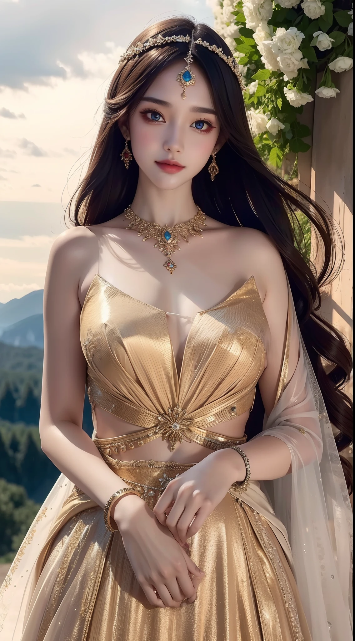 4K ultra hd, masterpiece, a cute girl, good face, detailed eyes, liquid lipstick, long hair, spreading hair, necklace, beautiful dress, long dress, marriage dress, golden color, high lights, light effects, shining, realistic background, nature background, flower, mountains, whole body capture,