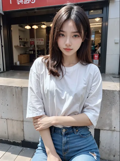 araffed woman in a white shirt and jeans posing for a picture, beautiful south korean woman, korean girl, beautiful asian girl, ...