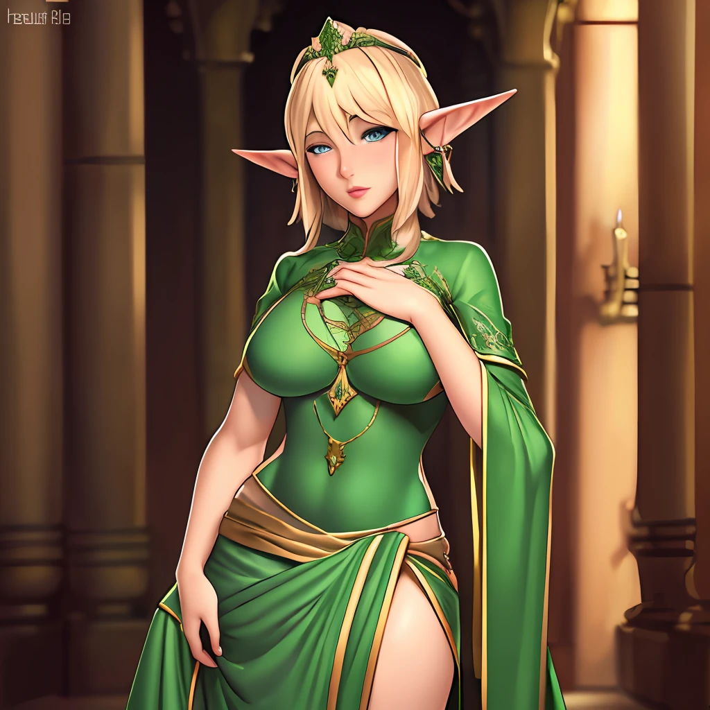 (masterpiece : 1.2), tall mature elf, (((hbulge))),green clothes, skinny, jewelry, crown, solo, ultra-detailed, parted lips, blush, futanari, solo