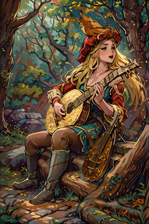 the essence of a beautiful female bard with meticulous attention to detail, this scene portrays a solo enchantress with cascadin...