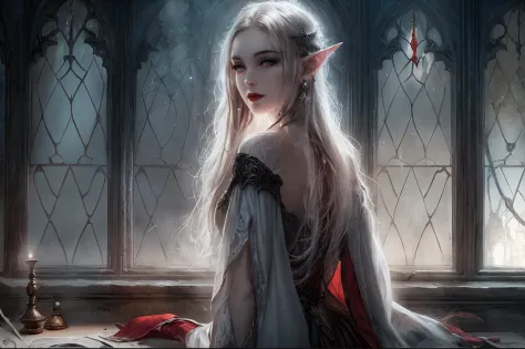 a picture of vampire elf in her castle, an exquisite beautiful female vampire elf in her library,  [full body] (ultra detailed, ...