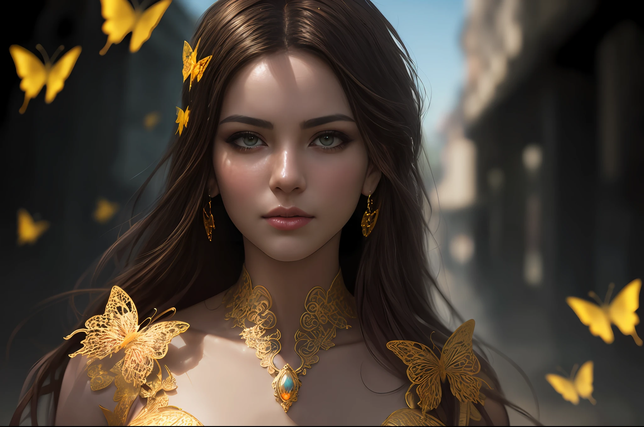 8k portrait of a beautiful cyborg with brown hair, intricate, elegant, highly detailed, majestic, digital photography, art by artgerm and ruan jia and greg rutkowski surreal filigree golden butterfly painting, broken glass (masterpiece, side lighting, beautiful eyes finely detailed: 1.2 ), hdr,