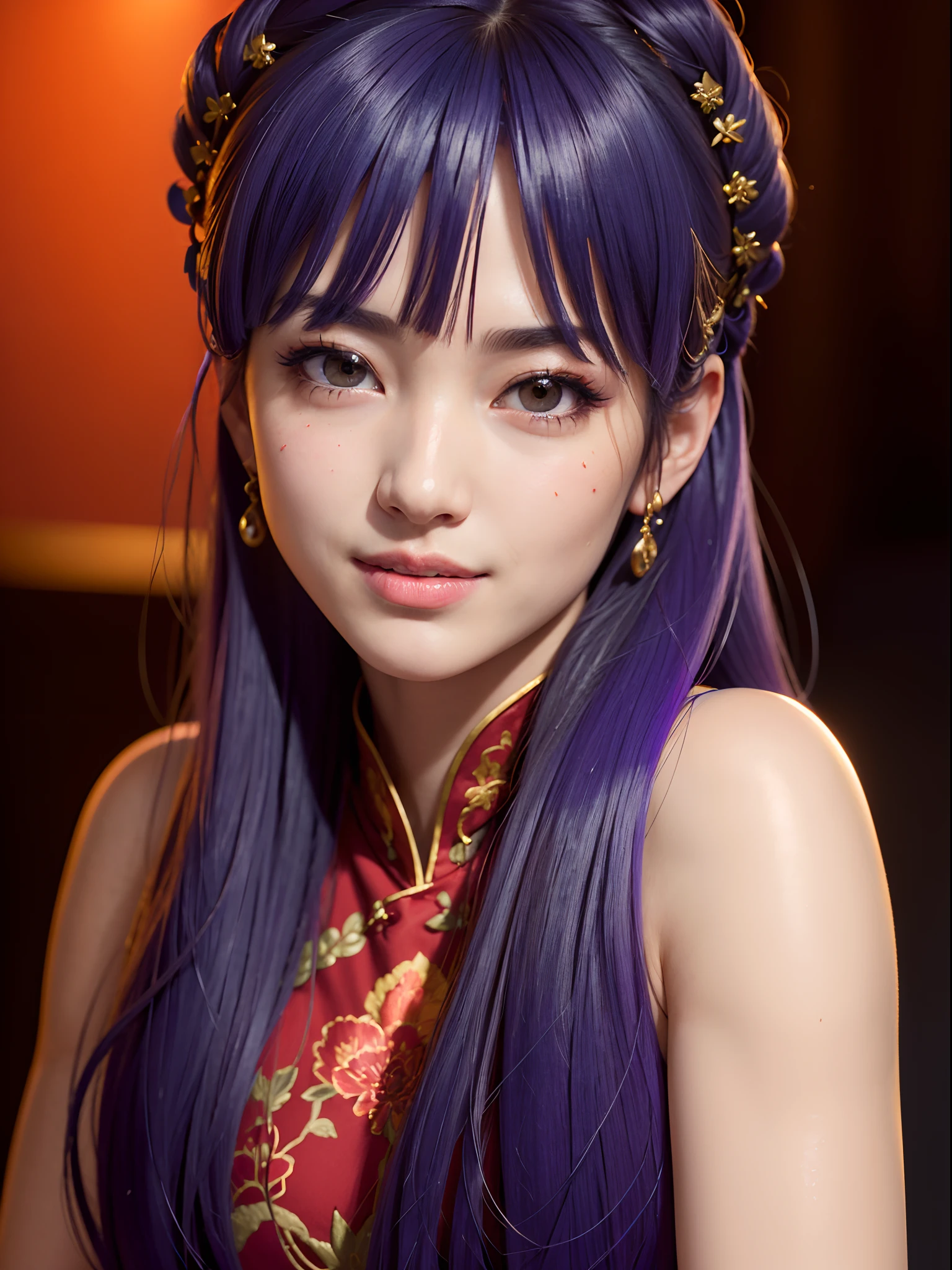 ((Masterpiece)), (high resolution:1.4), shampoowaifu, chinese dress, (red chinesse dress), (close up:1.5), (purple hair:1), restaurant kitchen background, sexy smile, beautiful face, highly detailed skin, skin pores,(highly detailed face:1.1), (highly detailed eyes:1.1), realistic pupils, full face blush, full lips, (perfect anatomy:1.1), (perfect proportions:1.1), (photography:1.1), (photorealistic:1.1), volumetric lighting, dynamic lighting, real shadows, (highres:1.1), sharp focus, (realistic, hyperrealistic:1.4), intricate, high detail, dramatic, subsurface scattering, big depth of field, vivid, polished, sharpened, ((full Sharp)), (extremely absurdres),16k hdr,