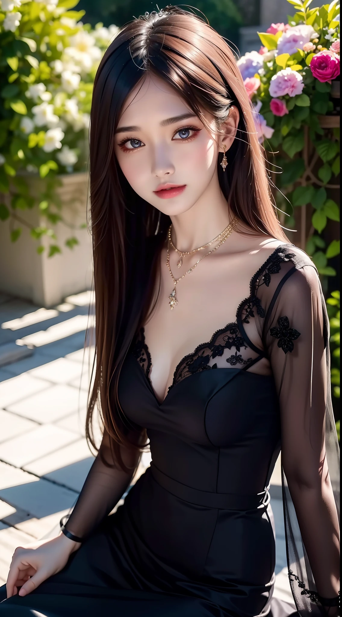 4K ultra hd, masterpiece, a cute girl, good face, detailed eyes, liquid lipstick, long hair, spreading hair, necklace, beaeutiful dress, long dress, marriage dress, black color, high lights, light effects, shining, realistic background, nature background, flowers, sitting, whole body capture,