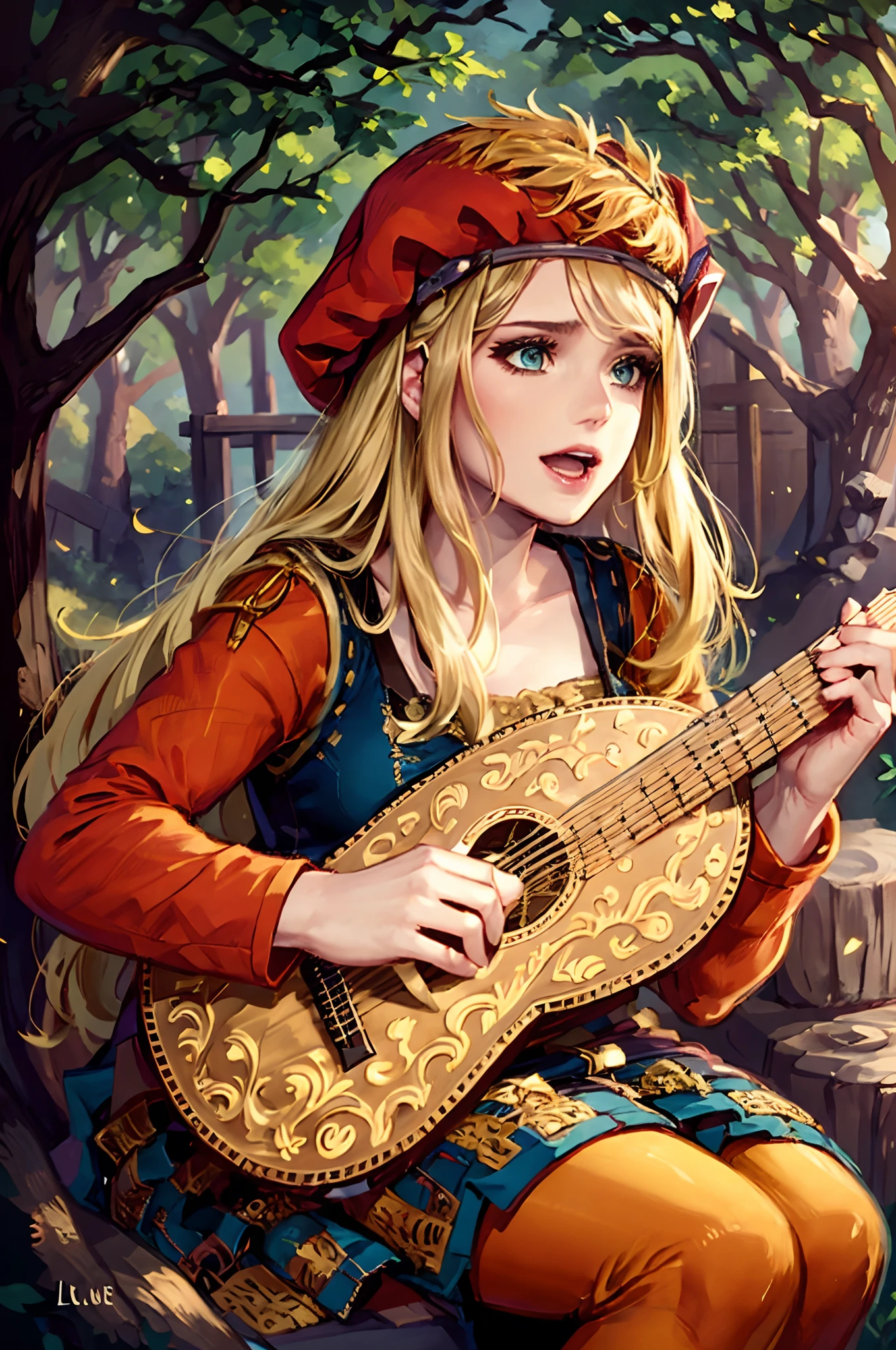 the essence of a beautiful female bard with meticulous attention to detail, this scene portrays a solo enchantress with cascading long hair, an open mouth singing tales of old. Her blonde hair shimmers beneath a charming red hat as she sits gracefully upon a rustic tree stump, fingers gracefully strumming a lute, weaving melodies that stir the soul