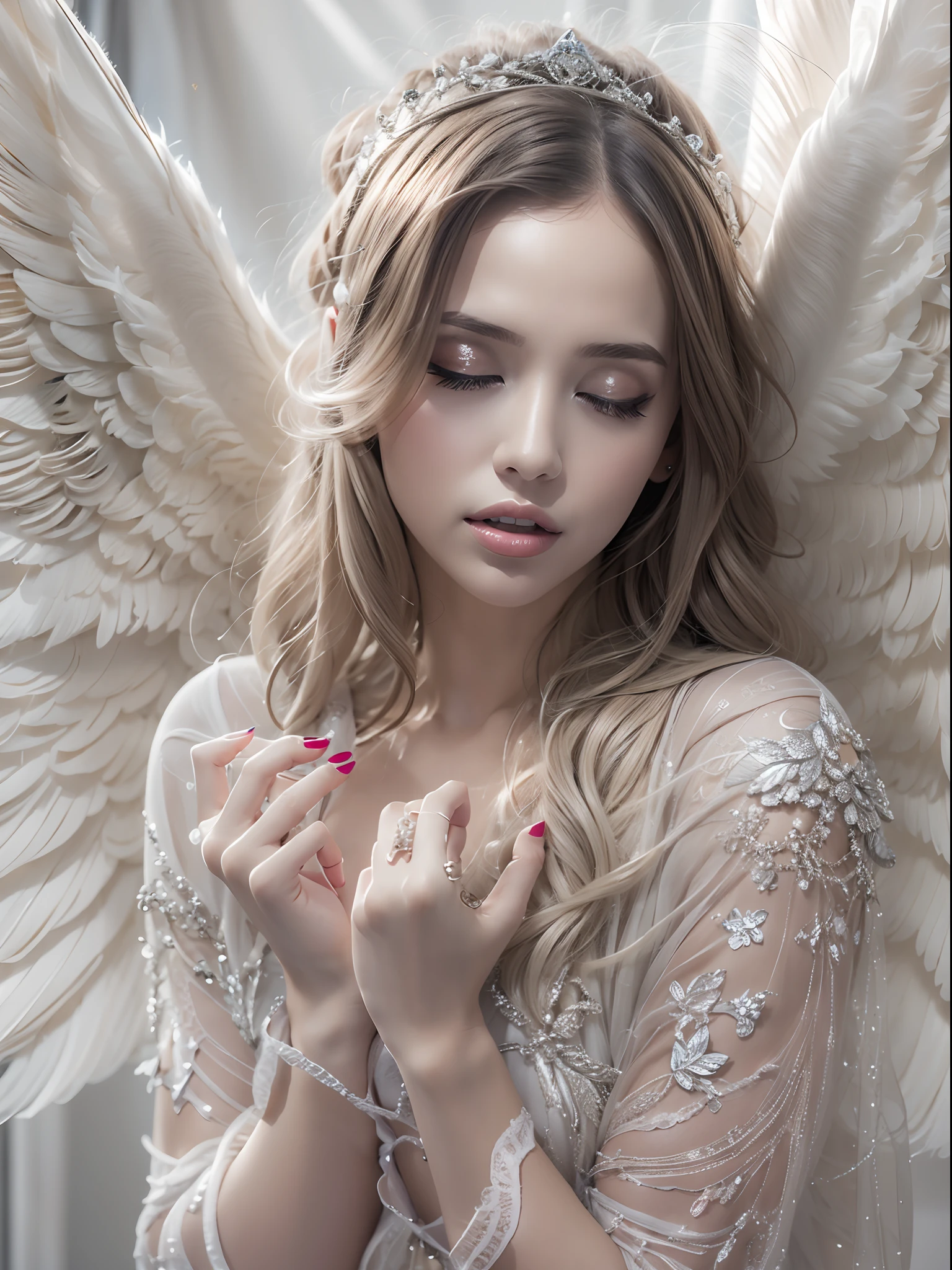 Hyper realistic, Angel, transparent clothes, fair skin, wings covering her body, Hands covering her face