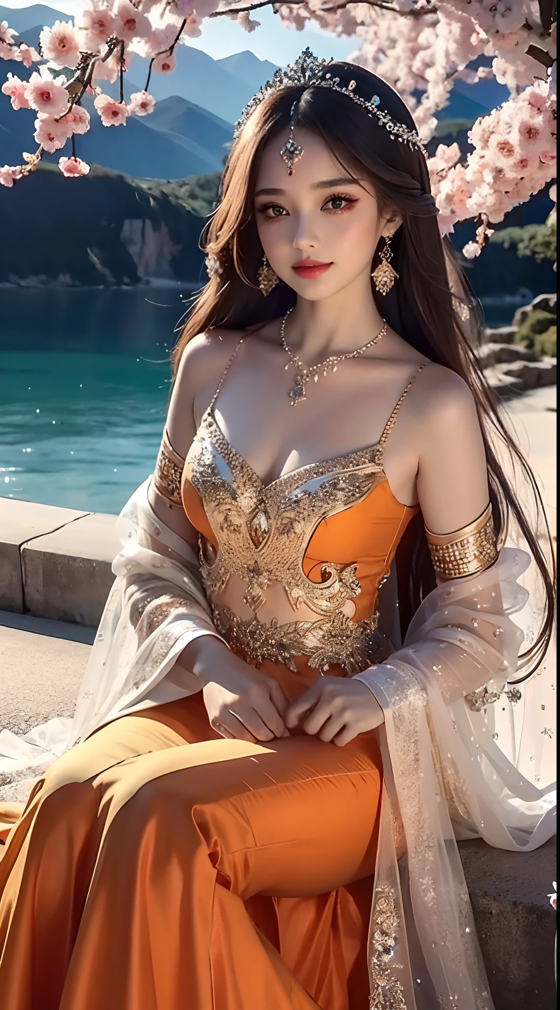 4K Ultra HD, Masterpiece, Cute  s, Nice face, Detailed Eyes, Liquid Lipstick, Long hair, Hair spreading, necklaces, beautiful dress, long dress, Wedding dresses, Orange color, highlights, lighting effects, glittering, realistic background, Natural background, blossom, sunlights, mountains, Full-body capture,
