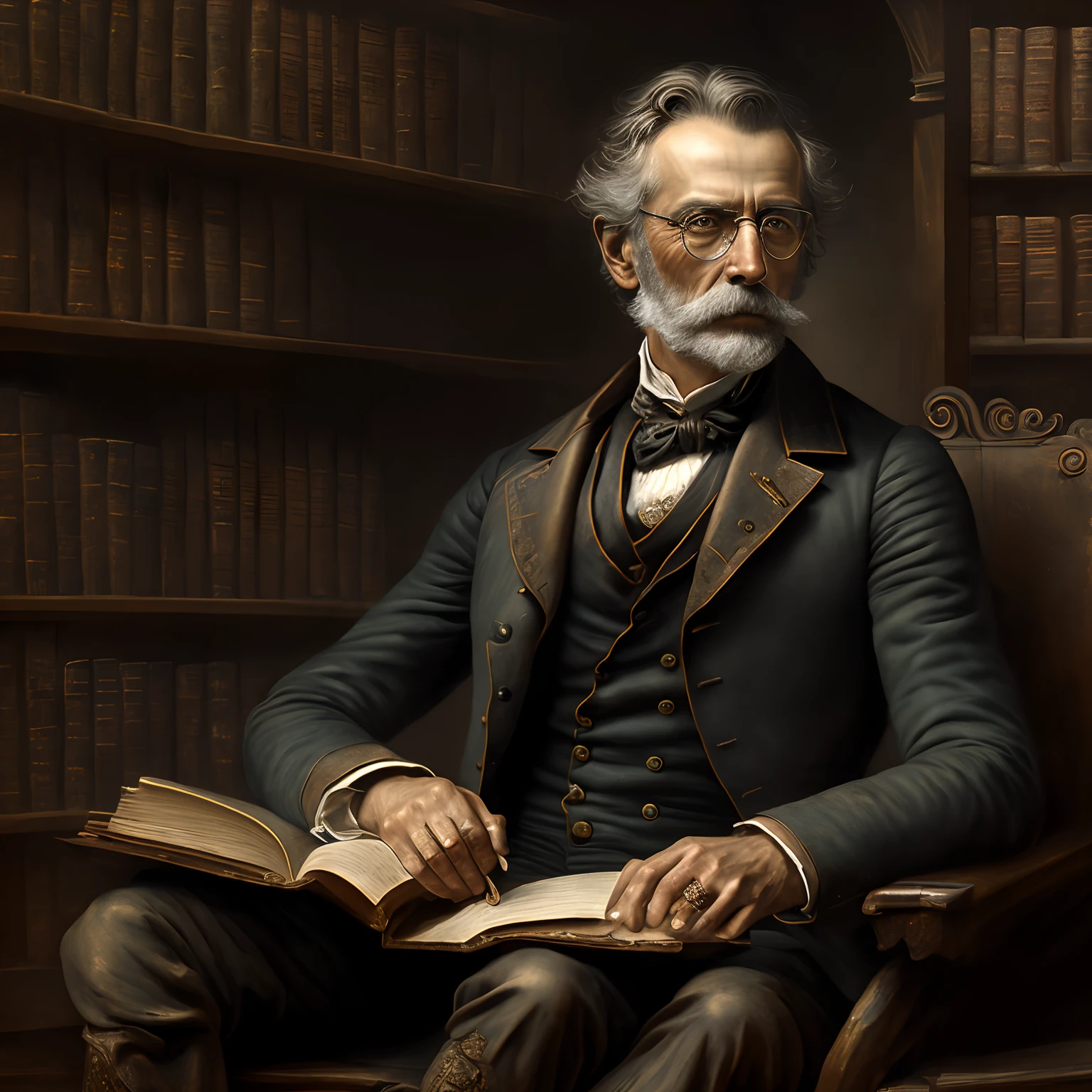 a portrait of a former coal miner in the 19th century, beautiful highly detailed face painting by greg rutkowski and magali villanueve, sitting on a leather bench in a library