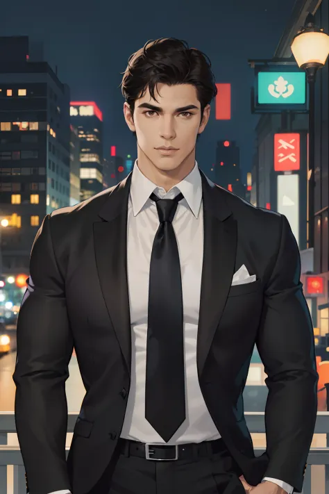 (absurdres, highres, ultra detailed, realistic, ), 1 male, solo, adult, mature, tall muscular guy, broad shoulders, handsome, very short hair, black hair, brown eyes, angular jaw, thick neck, thick eyebrows, night, dark, the night view of the city backgrou...