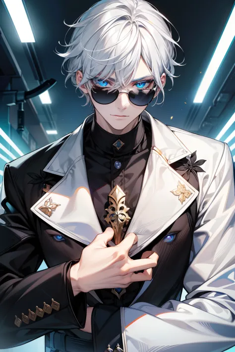 (​masterpiece、top-quality、absurderes)、1 male human、A detailed eye、white  hair，blue eyess,Lower lashes、Black sunglasses in the visible position,Black Turtle、The upper part of the body、(fluorescent lamp)、(colourfull)、Contre-Jour，Only the eyes glow,ciber,