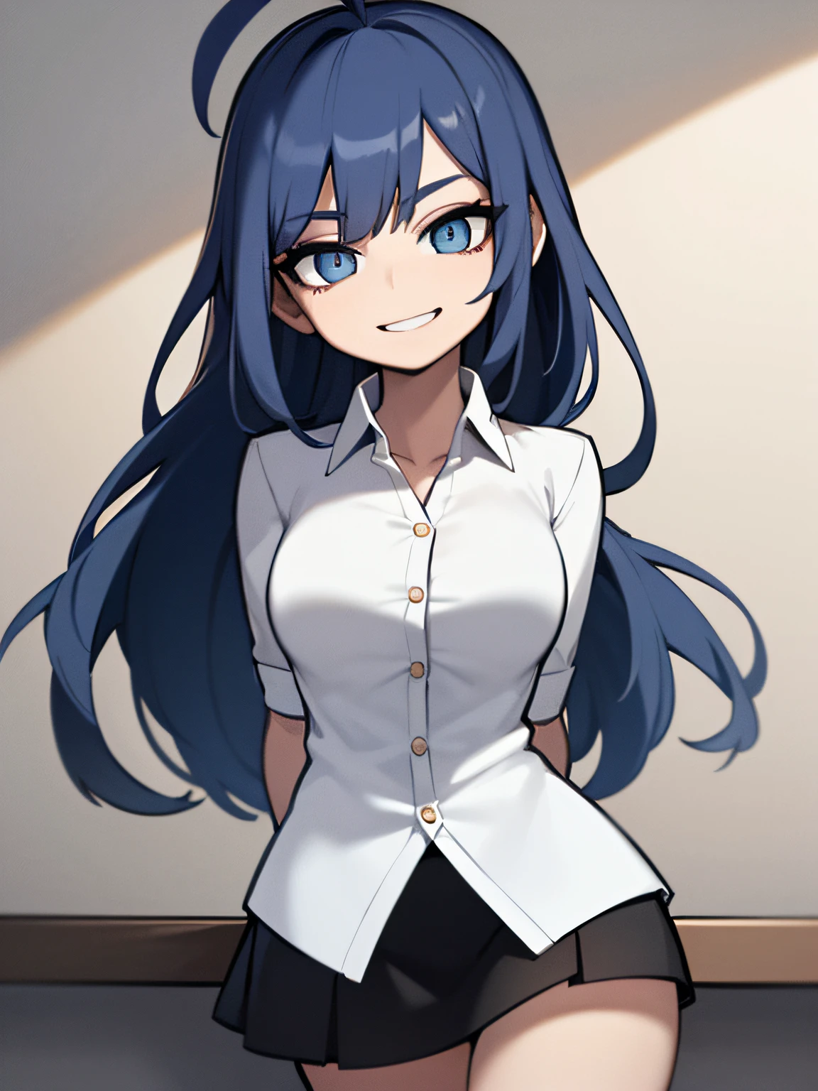 ((masterpiece, best quality)), (1girl), (solo), (female focus), (ahoge, blue hair, long hair), blue eyes, open mouth, ((white shirt), (buttoned shirt), (button gap)), ((black skirt), (short skirt)), standing, white background, arms behind back, dynamic angle, shy look, Smile, Shy smile, cute smile