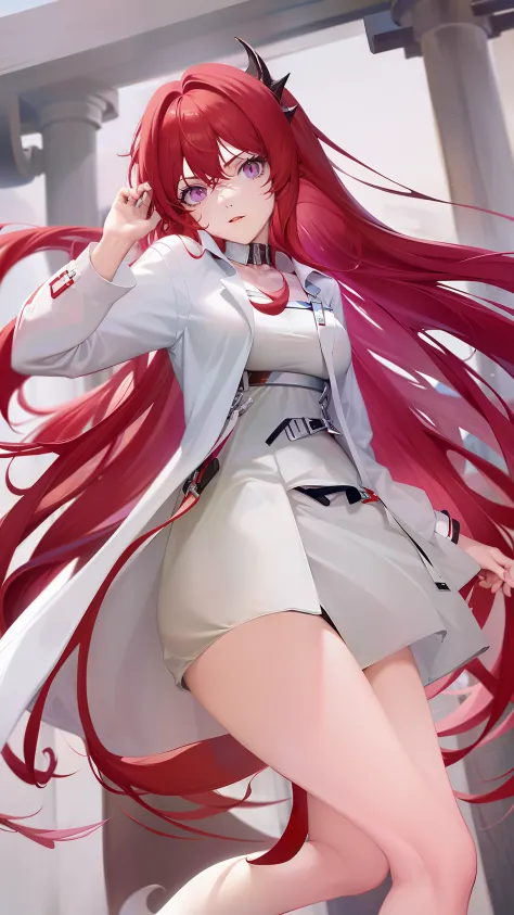 Anime girl with long red hair and white coat walking in room, rias gremory, kurisu makise, makise kurisu, kurisu makise steins g...