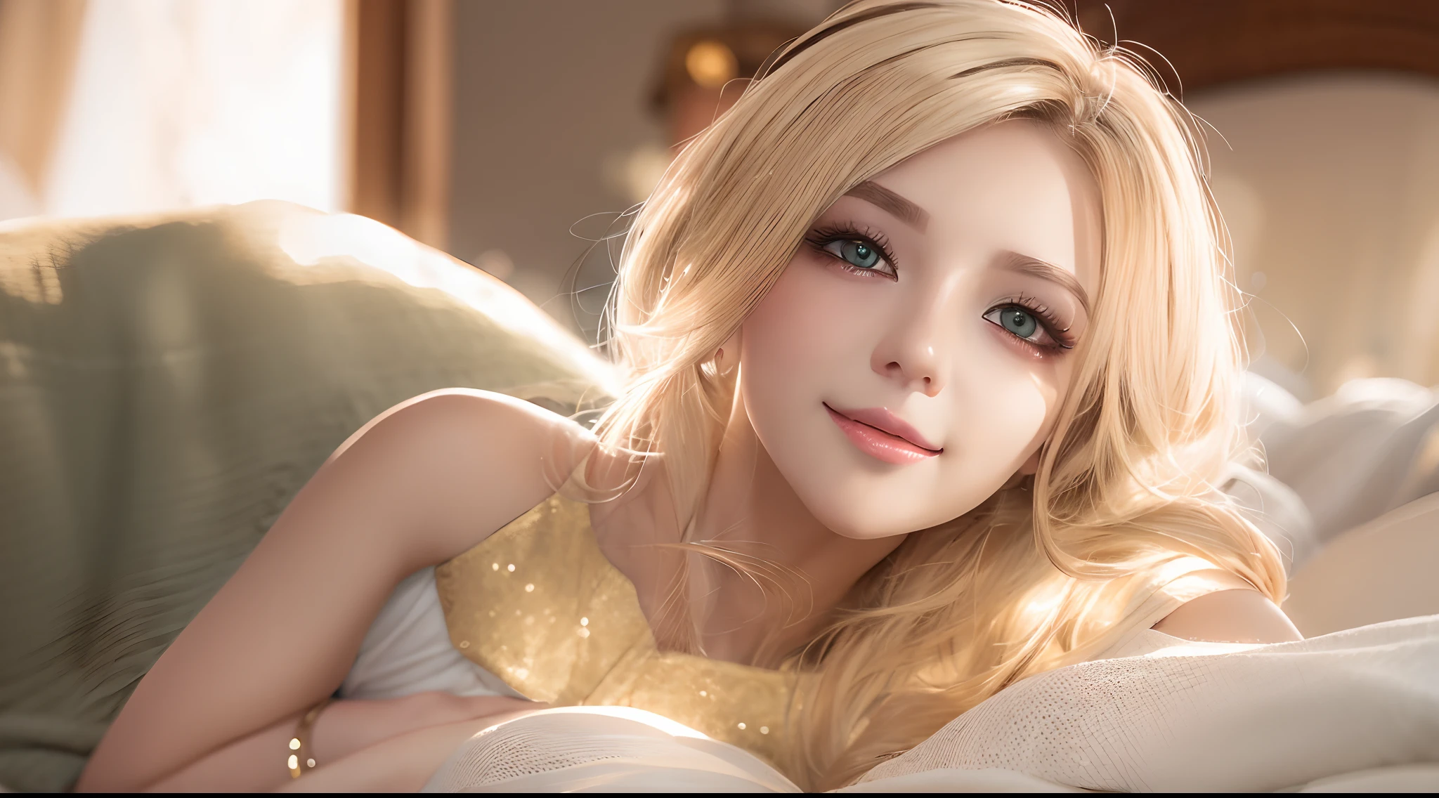 Shiny blonde hair，Heterochromic pupils，seduct smile，Seductive expressions，Generous pajamas，Lie down in bed，inside in room，First-person perspective，Cinematic lighting effects，16k，best qualtiy，Textured skin