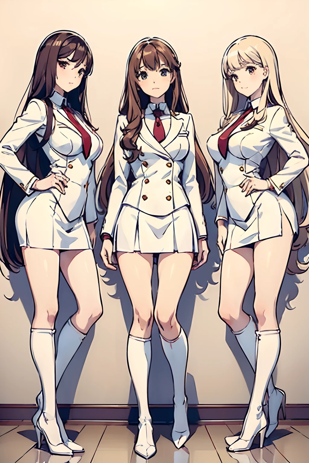((masterpiece, best quality, 8k, highres:1.2)), white skirt suit, highleg, hazel eyes, white blazer, neckties, medium breasts, white pencil skirt, white thighhigh heeled boots, (curly hair, long hair, one brown haired sister, one blonde sister, one redhead sister), (3girls, trio, triplets, clones), ((matching hairstyles, different hair color, matching faces, matching outfits)), full body, same pose