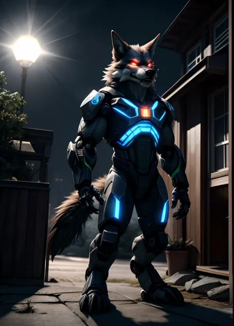 Advanced Bionic Mecha、Cyblog、anthro、werewolf man、Male child、Blue、child body shape、coyote、full body Esbian、musculature、Short stature、delicated face、Delicat eyes、1tail、(Glowing LEDs)、The energy、digitigrade、outside of house、the Extremely Detailed CG Unity 8K ...