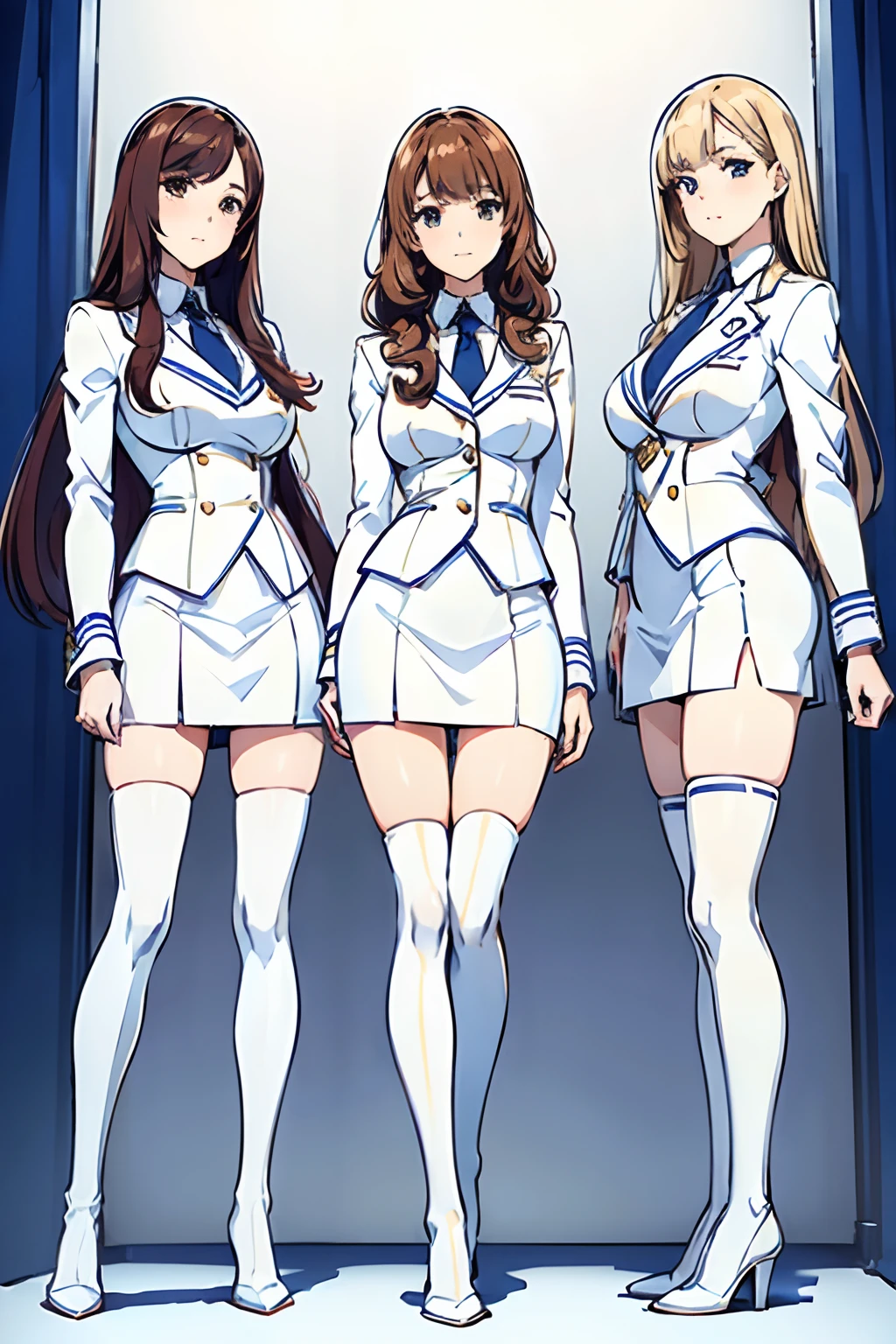 ((masterpiece, best quality, 8k, highres:1.2)), white and blue skirt suit, highleg, hazel eyes, white and blue blazer, neckties, medium breasts, white and blue pencil skirt, white thighhigh heeled boots, (curly hair, long hair, one brown haired sister, one blonde sister, one redhead sister), (3girls, trio, triplets, clones), ((matching hairstyles, different hair colors, matching faces, matching outfits)), full body, same pose