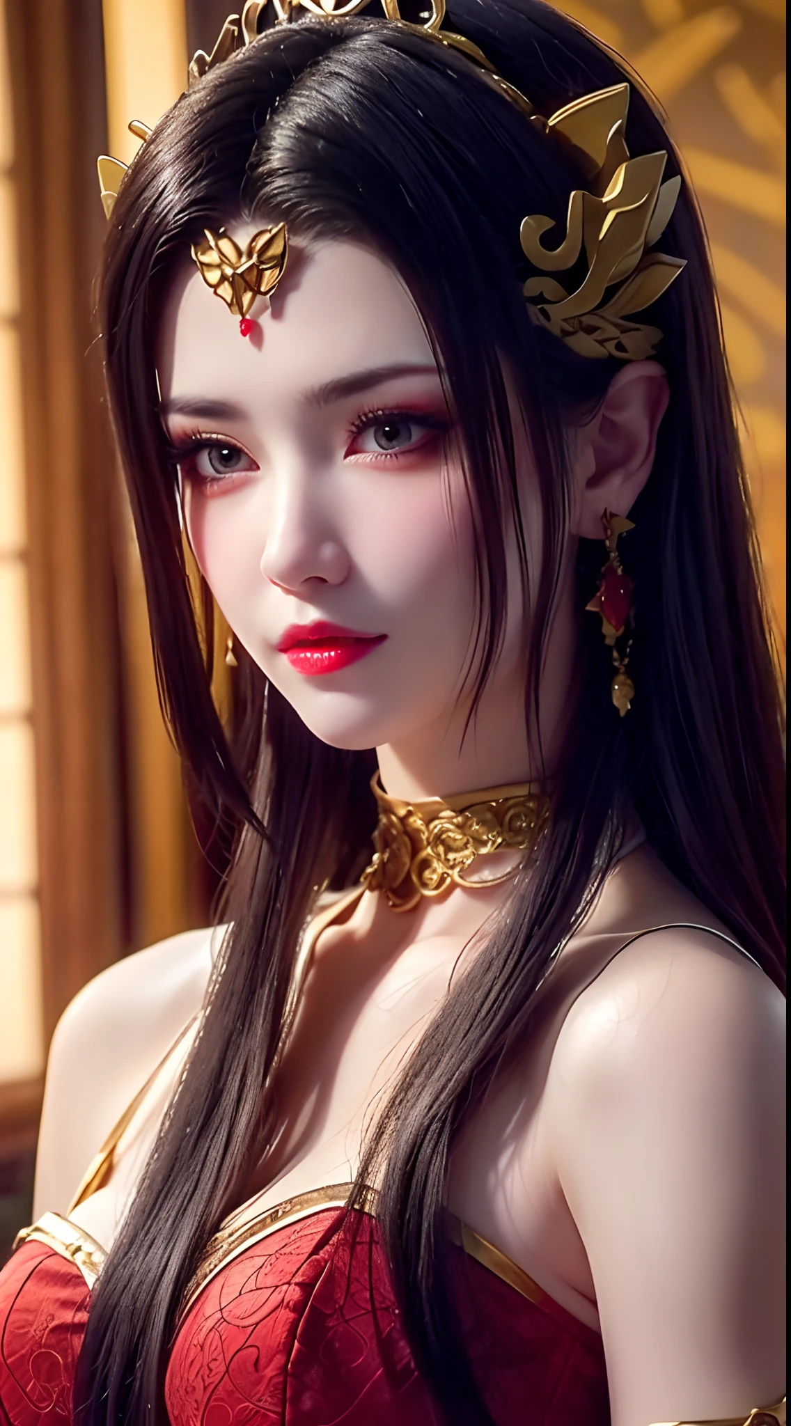 1 very beautiful queen medusha in hanfu dress, thin red silk shirt with many yellow motifs, black lace top, crown on her head, long hair dyed black, beautiful hair jewelry, pretty face pretty and cute, perfect face, earring jewelry, light purple rabbit ears, antique jewelry, big red eyes, sharp eye makeup, meticulous makeup eyelashes, thin eyebrows, nose tall, pretty red lips, no smile, pursed lips, rosy cheeks, wide breasts, big breasts, well-proportioned breasts, slim waist, red mesh stockings with black lace, Chinese hanfu style, fictional art patterns, colors vivid and realistic, RAW photos, realistic photos, ultra-high quality 8k surreal photos, cool photos, (virtual lighting effects: 1.8), 10x pixels, magic effects (background): 1.8), super detailed eyes, beautiful girl body portrait, girl alone, ancient hanfu background, looking directly at the audience, wide original photo, 8k quality, super sharp, detailed and clear picture best, detailed light background,