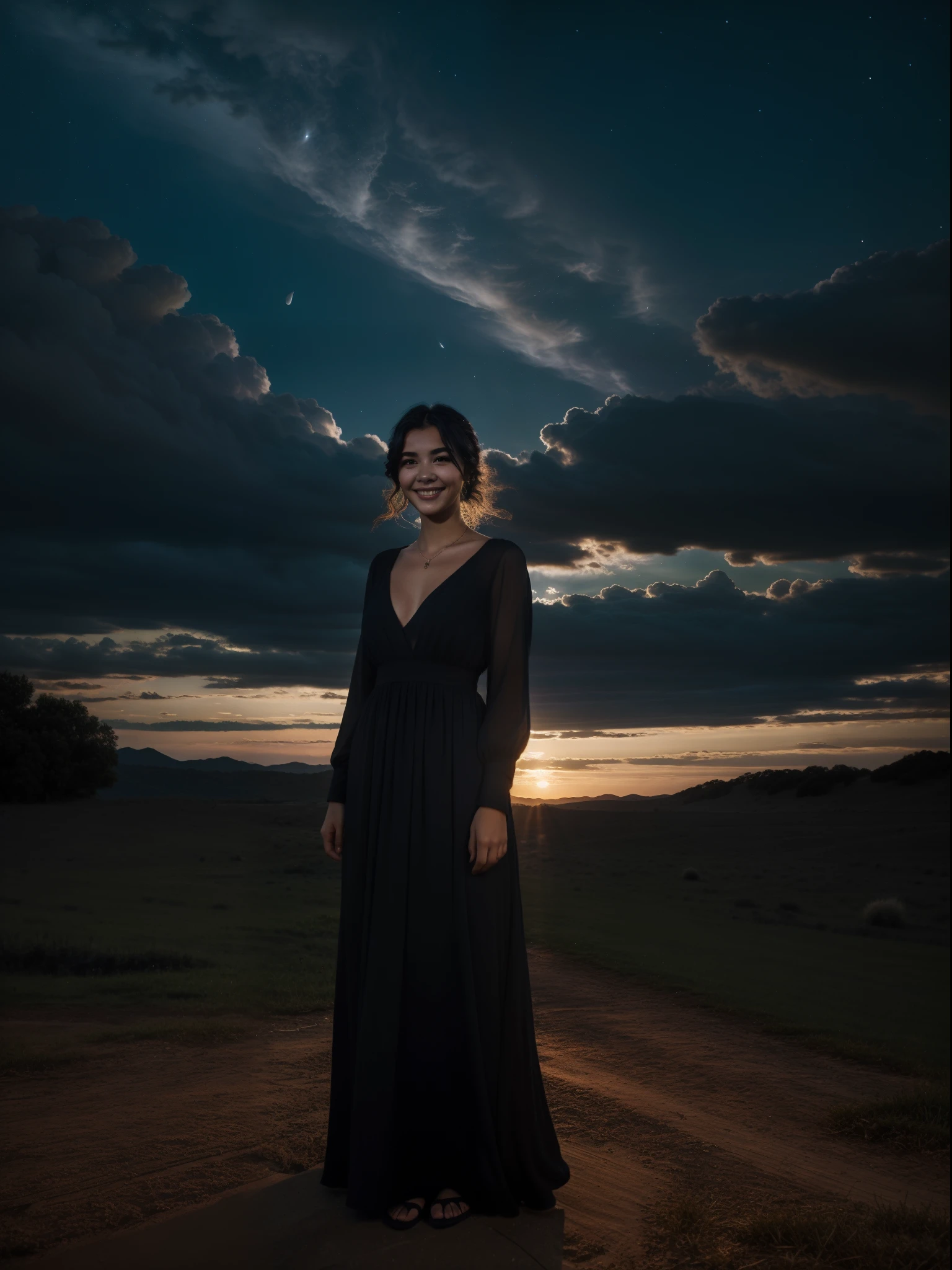 girl, Black dress, gray eyes, medium wavy hair, medium chest, Black hair, against the night sky, summer night, portrait, serenity, innocence, dreaminess, dark exposure, bright colors,dark tones, Clouds,full body, smiling