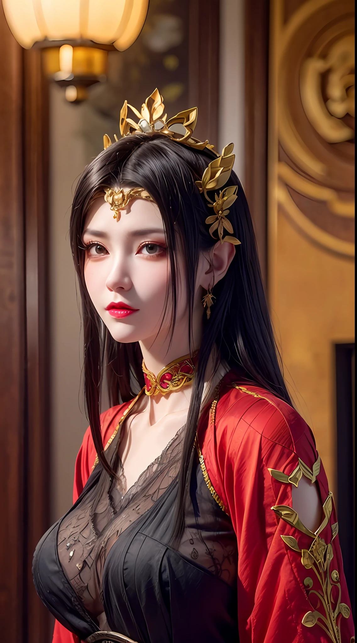 1 very beautiful queen medusha in hanfu dress, thin red silk shirt with many yellow motifs, black lace top, crown on her head, long hair dyed black, beautiful hair jewelry, pretty face pretty and cute, perfect face, earring jewelry, light purple rabbit ears, antique jewelry, big red eyes, sharp eye makeup, meticulous makeup eyelashes, thin eyebrows, nose tall, pretty red lips, no smile, pursed lips, rosy cheeks, wide breasts, big breasts, well-proportioned breasts, slim waist, red mesh stockings with black lace, Chinese hanfu style, fictional art patterns, colors vivid and realistic, RAW photos, realistic photos, ultra-high quality 8k surreal photos, cool photos, (virtual lighting effects: 1.8), 10x pixels, magic effects (background): 1.8), super detailed eyes, beautiful girl body portrait, girl alone, ancient hanfu background, looking directly at the audience, wide original photo, 8k quality, super sharp, detailed and clear picture best, detailed light background,