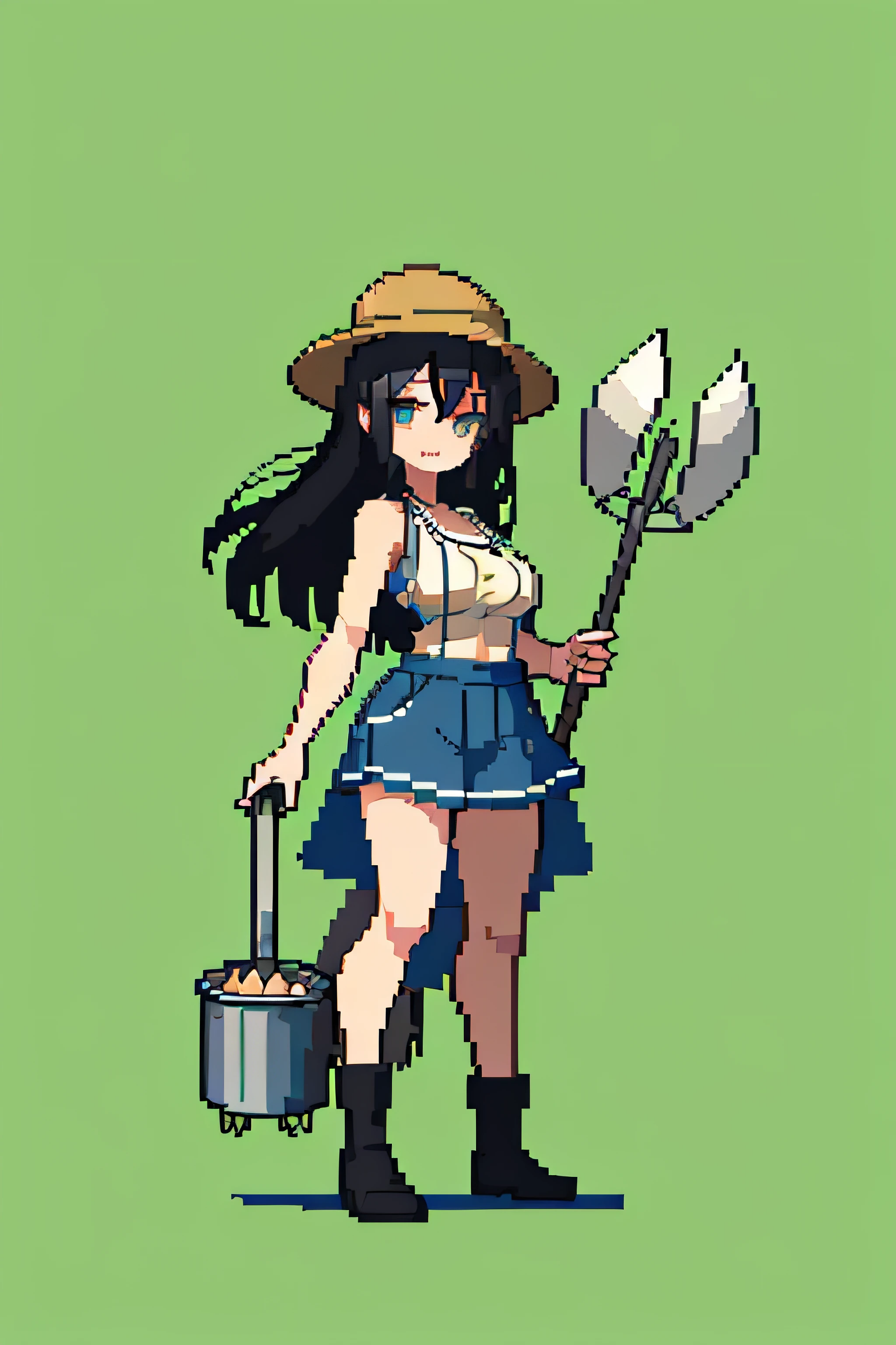 pixel, arte de pixel, 1 garota, Cabelo preto, agricultor hat, agricultor, garfo de pá de segurar, corpo todo