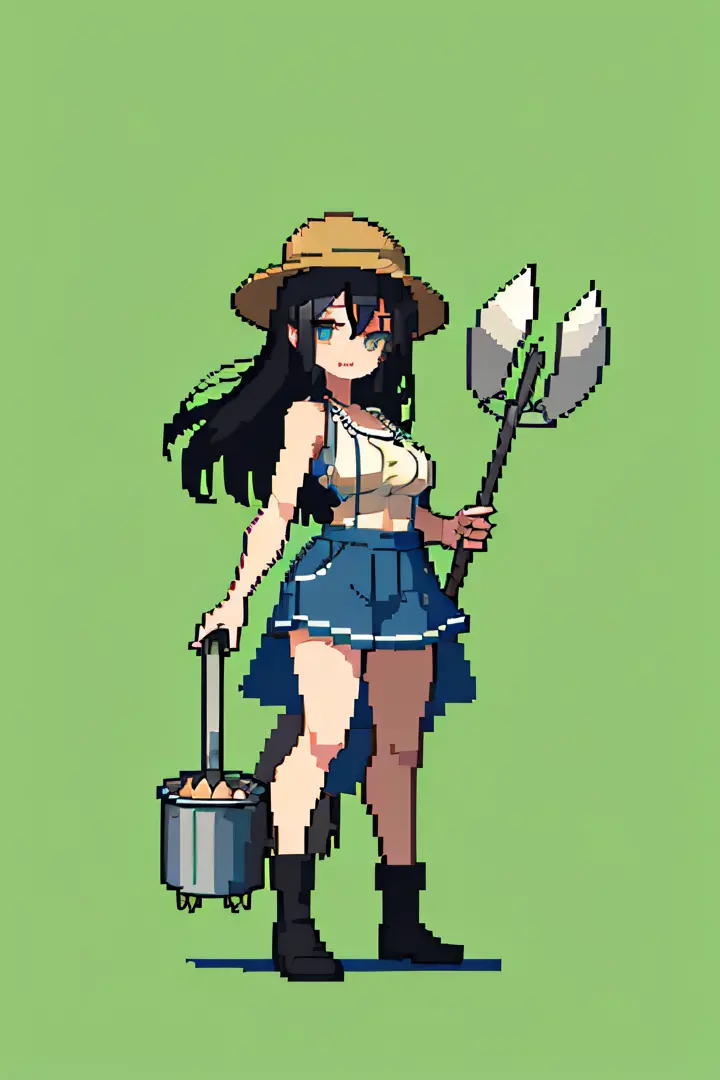 pixel, pixel art, 1girl, black hair, farmer hat, farmer, holding spade fork, full body