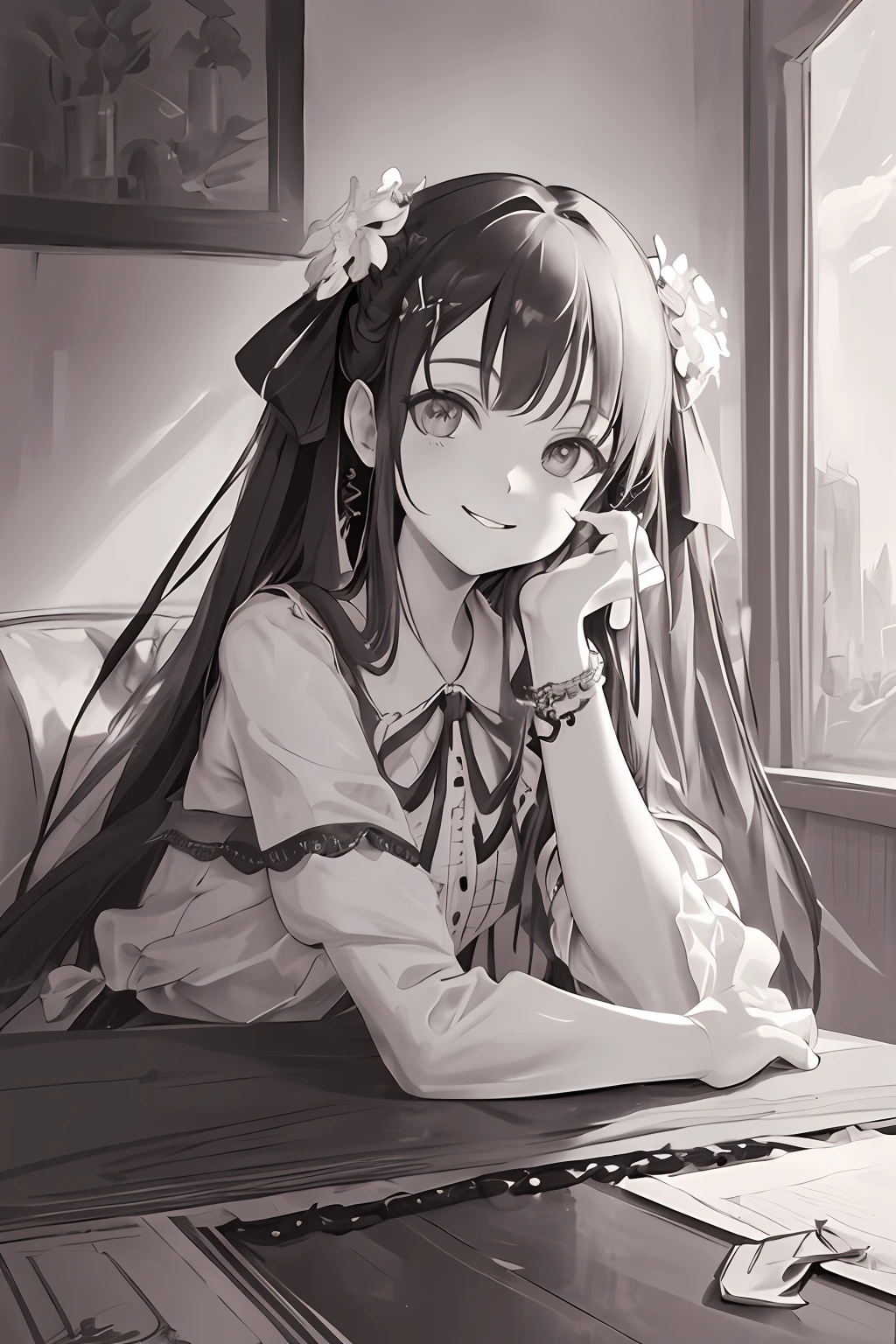 masterpiece, best quality, 1girl, solo, long_hair, looking_at_viewer, smile, dress, ribbon, jewelry, very_long_hair, hair_ribbon, flower, bracelet, two_side_up, hand_on_own_face, head_rest, hand_on_own_cheek, lineart, monochrome,