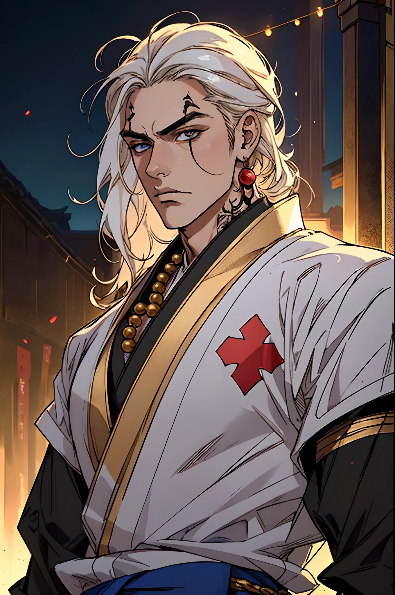 The young man with long white hair, handsome face, a red cross tattoo on his forehead, magnificent outfit predominantly in white, adorned with black and golden textures, carries a string of large prayer beads, character design is that of a Chinese knight in the style of Japanese anime design, the artwork features finely detailed character design, showcasing a mature Japanese manga artistic style, high definition, best quality, ultra-detailed, extremely delicate, anatomically correct, symmetrical face, extremely detailed eyes and face, high quality eyes, creativity, RAW photo, UHD, 8k, (Natural light, professional lighting:1.2, cinematic lighting:1.5, best shadow), (masterpiece:1.5)