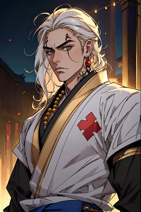 The young man with long white hair, handsome face, a red cross tattoo on his forehead, magnificent outfit predominantly in white...