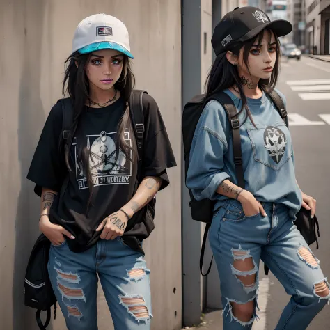 two women on the edge of a street wearing ripped jeans, japanese streetwear, cyberpunk streetwear, usando streetwear cyberpunk, ...