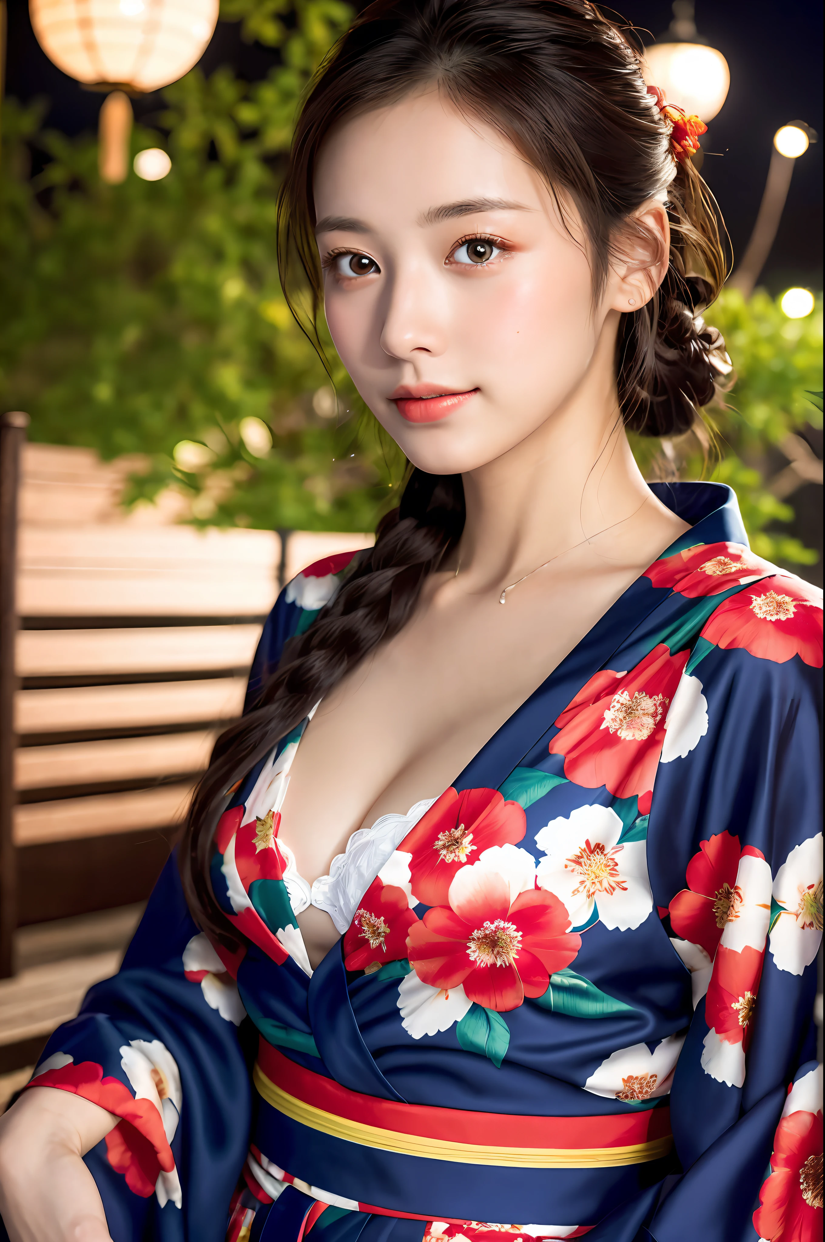 ((傑作, 最高品質, スーパー定義, 高解像度)), 一人で, 美少女, 輝く目, 完璧な目, 日本の美しい姉妹, ふわふわの浴衣, はっきりとした胸の谷間, 赤い花柄浴衣, 背景は夜の花火, 高画質, 4K.