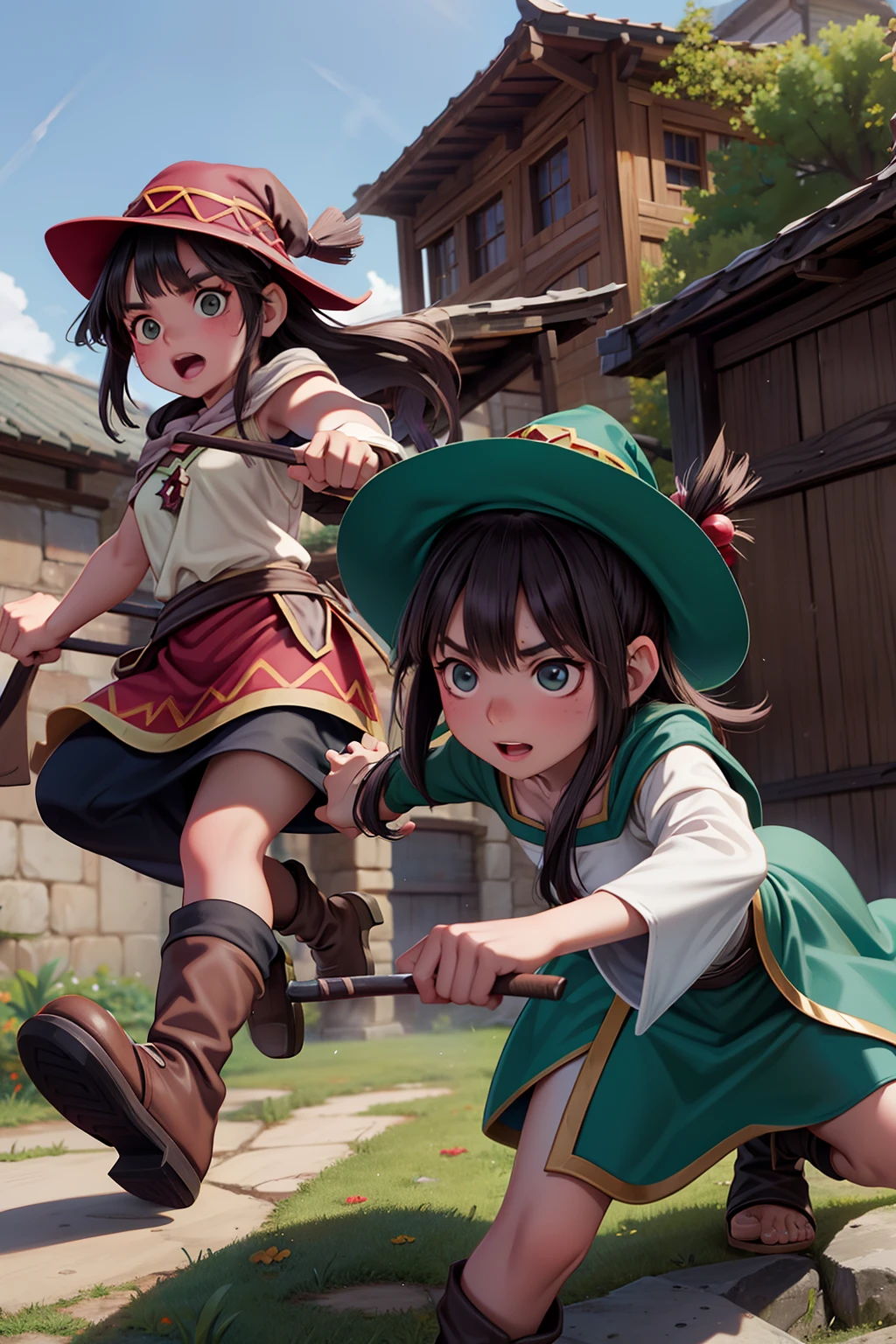 Archimaga Megumin y su hija de 13 años, Esmeralda, aprendiz de archimaga. (Tiene cabello color castaño y ojos verde oscuro., usando sombreros de brujo, ciudad medieval, luchar contra el enemigo,