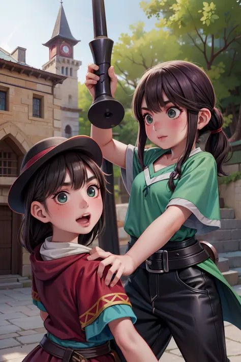 Megumin archimage and her daughter 13 years old Esmeralda archmage's apprentice (Have brunette color hair and dark green eyes, w...