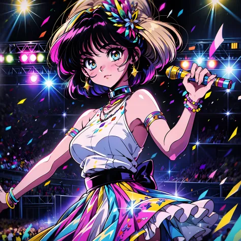 the most popular idol from the 90s, 1girl, she is a popstar idol giving a concert on a big stadium full of spectators and fans, ...