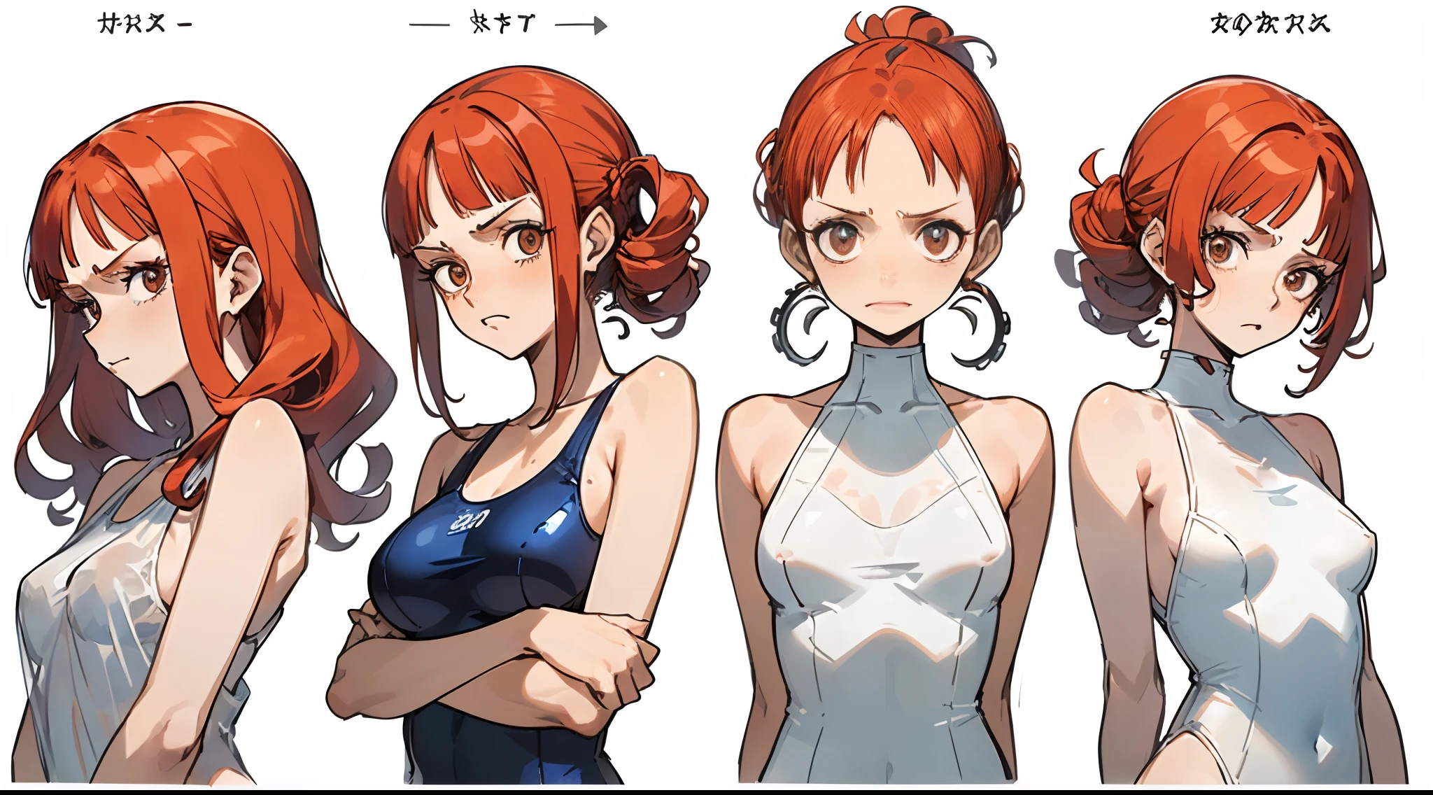 best quality ,2, redhead woman, armpit lenght hair (((narroweyes))) cute (((slightly awkward shy gaze))) (busty) ((one piece white sheer swimsuit)) , ((corkscrew hairstyle)) detailed character sheet, frontal view, side view, three quarter view, white background