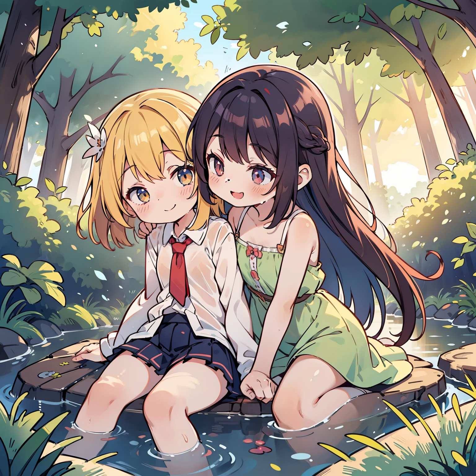 Horny lolis touching eachother lewdly, wooded setting, small creek, smiling, different hair colors, tanlines, romantic setting, sunset, wet crotches