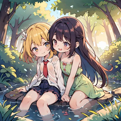 Horny lolis touching eachother lewdly, wooded setting, small creek, smiling, different hair colors, tanlines, romantic setting, ...